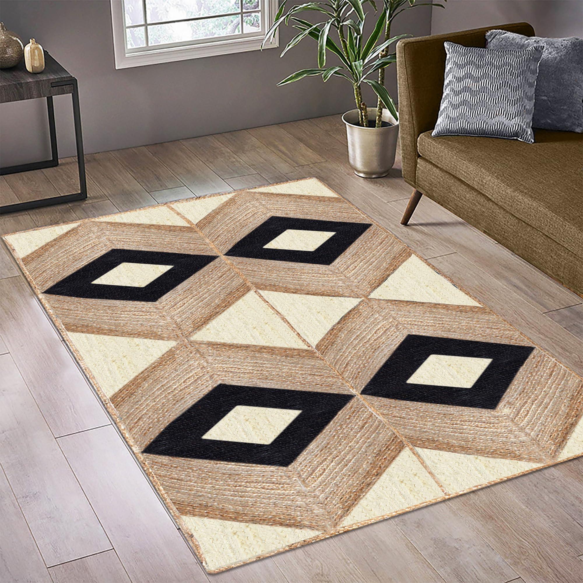 CASAVANI Geometric Woven Area Rug, Natural Jute Kilim Rug, 9x9 Ft Square Beige & Black Braided Flatweave Dhurrie Carpet for Living Room, Entryway, Kitchen, Farmhouse