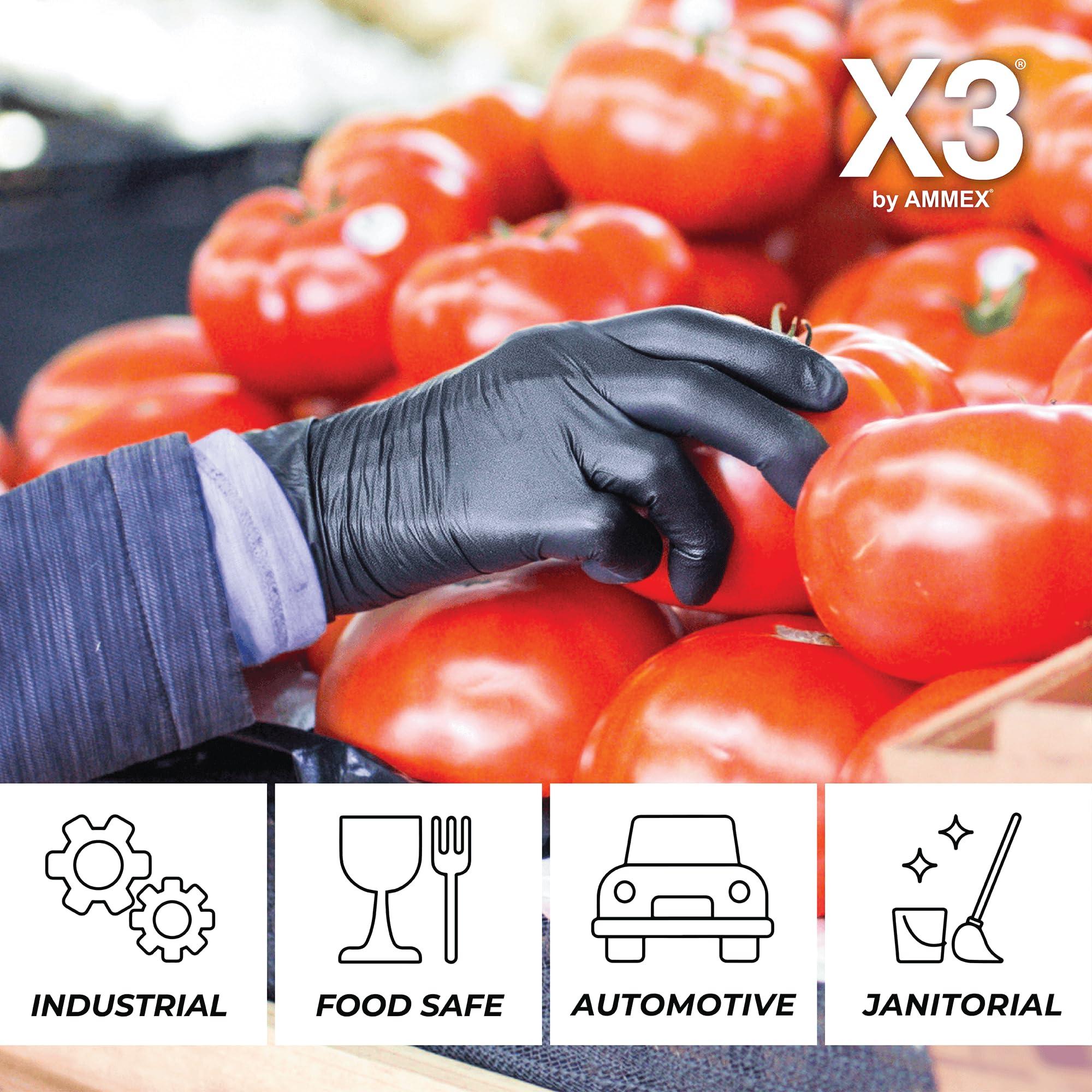 X3 X3 Black Nitrile Disposable Industrial Gloves 3 Mil, Latex/Powder-Free, Food-Safe, Non-Sterile, Textured, Medium, 2 Boxes of 100