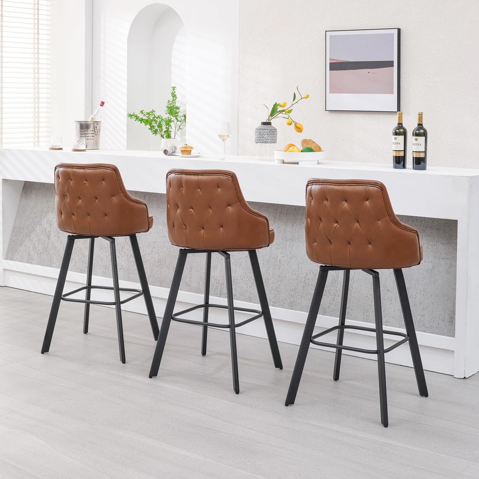 FIRAVOE FIRAVOE Bar Stools Set of 3, 30\" Swivel Bar Height Bar Stools with High Back, Faux Leather Kitchen Barstools Bar Height for Kitchen Island (Dark Brown, 3PCS 30\" Bar Stools)