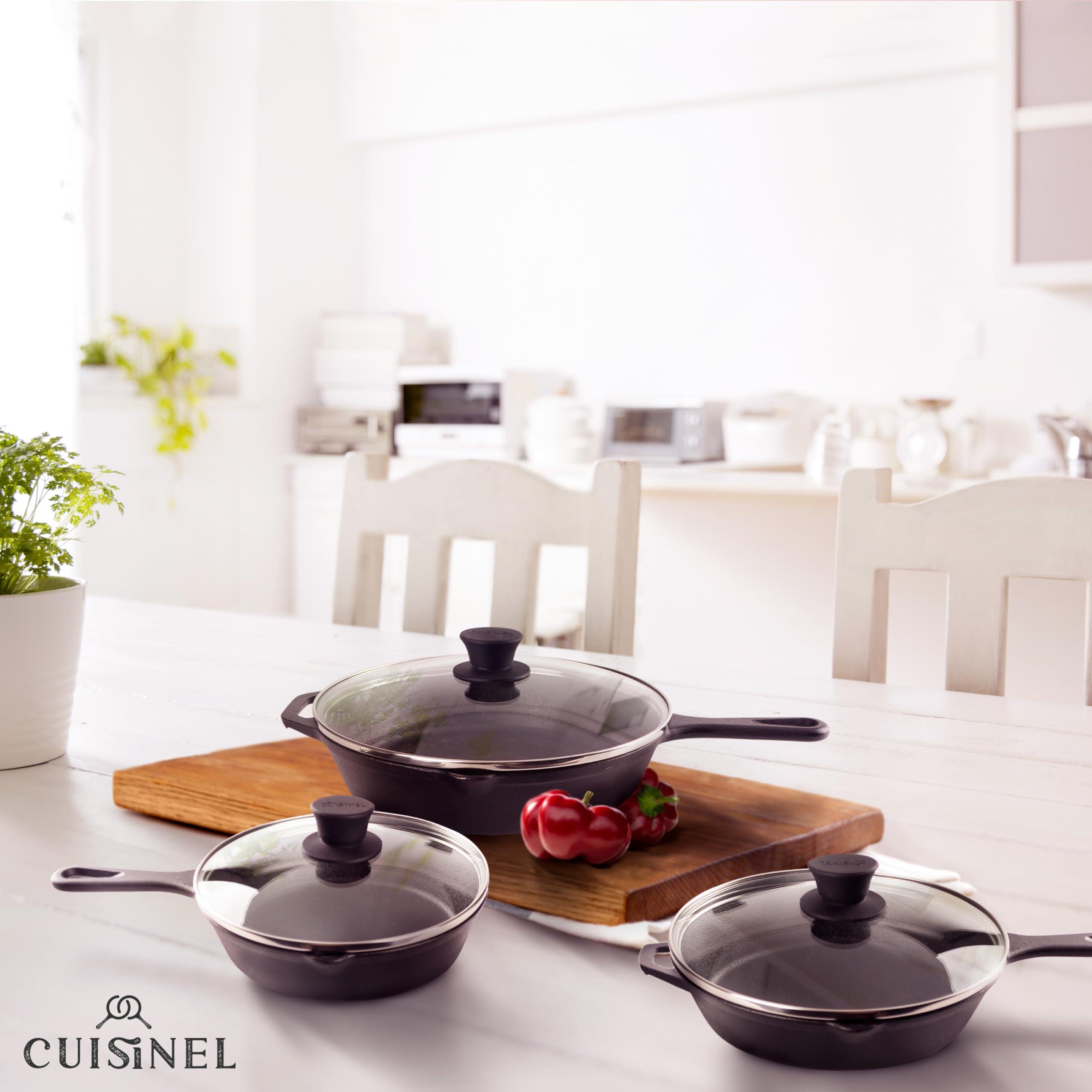 Cuisinel Cuisinel 8\"+10\"+12\"-Inch Cast Iron Skillets Set with Glass Lids + Silicone Handle Holder Covers + Pan Scraper - Pre-Seasoned Oven Cookware - Use Indoor/Outdoor, Grill, Stovetop, Camping Fire, Oven