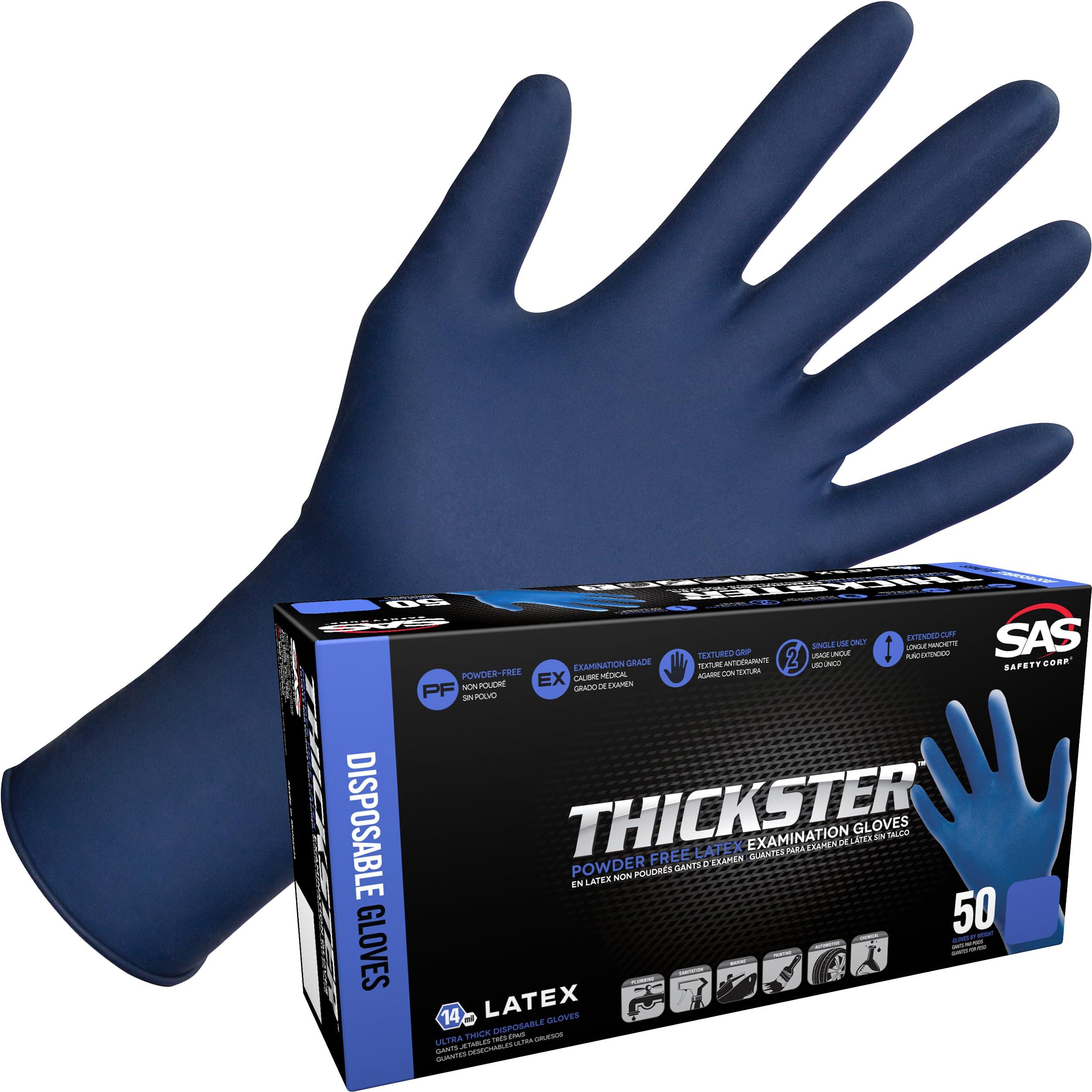 THICKSTER Thickster Powder-Free Exam Grade Latex Disposable Gloves. Size Large. Blue, 14 mil Thickness, 12\" Length. Fully Textured for Superior Grip. Single Use. Pack of 50. (6603-20)
