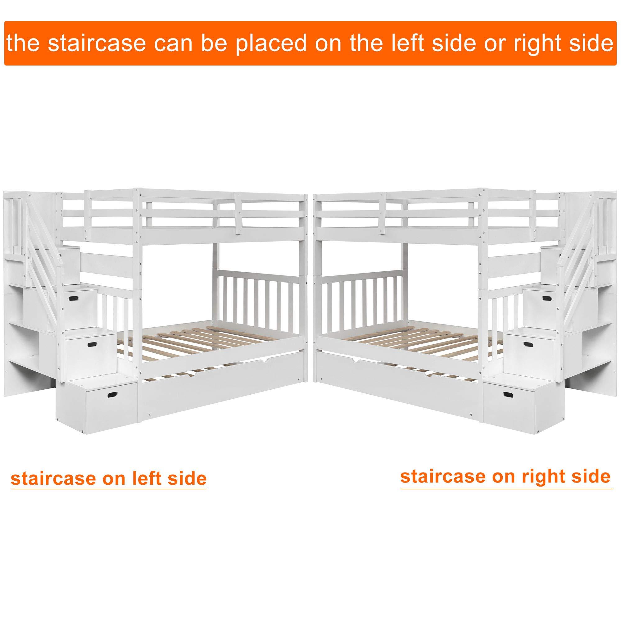 KLMM Twin Over Twin/Full Bunk Bed with Trundle Bed, Can be Split into Two beds, Kids Teens Solid Wood Bunk Bed Frame with Stairs Guardrail Locker Bedroom Furniture (White-Twin/Full)