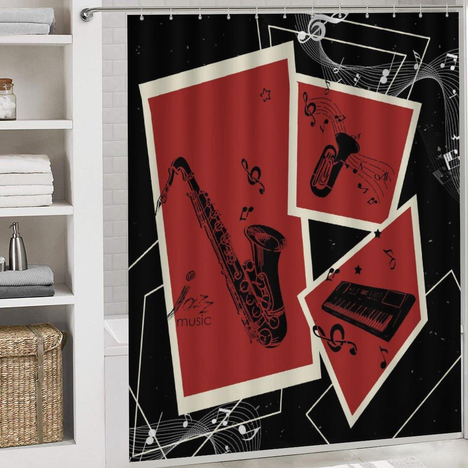 brebasf Brebasf Jazz Music 4 Pcs Shower Curtain Bathroom Set Retro Music Sax Jazz Instrument Red Shower Mat Shower Curtain with Rug 12 Hooks,72\" W x 72\" L