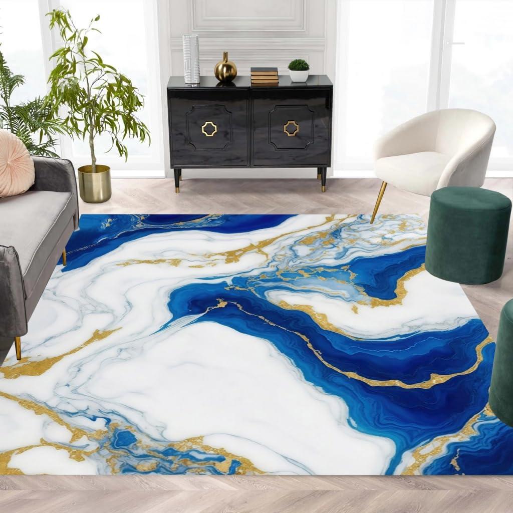 Lxdecao Royal Blue Gold Cream Marble Swirl Modern Abstract Area Rug 10x12 Non Shedding Faux Wool Soft Carpet for Living Room Bedroom Diningroom Washable Home Office Floor Rug