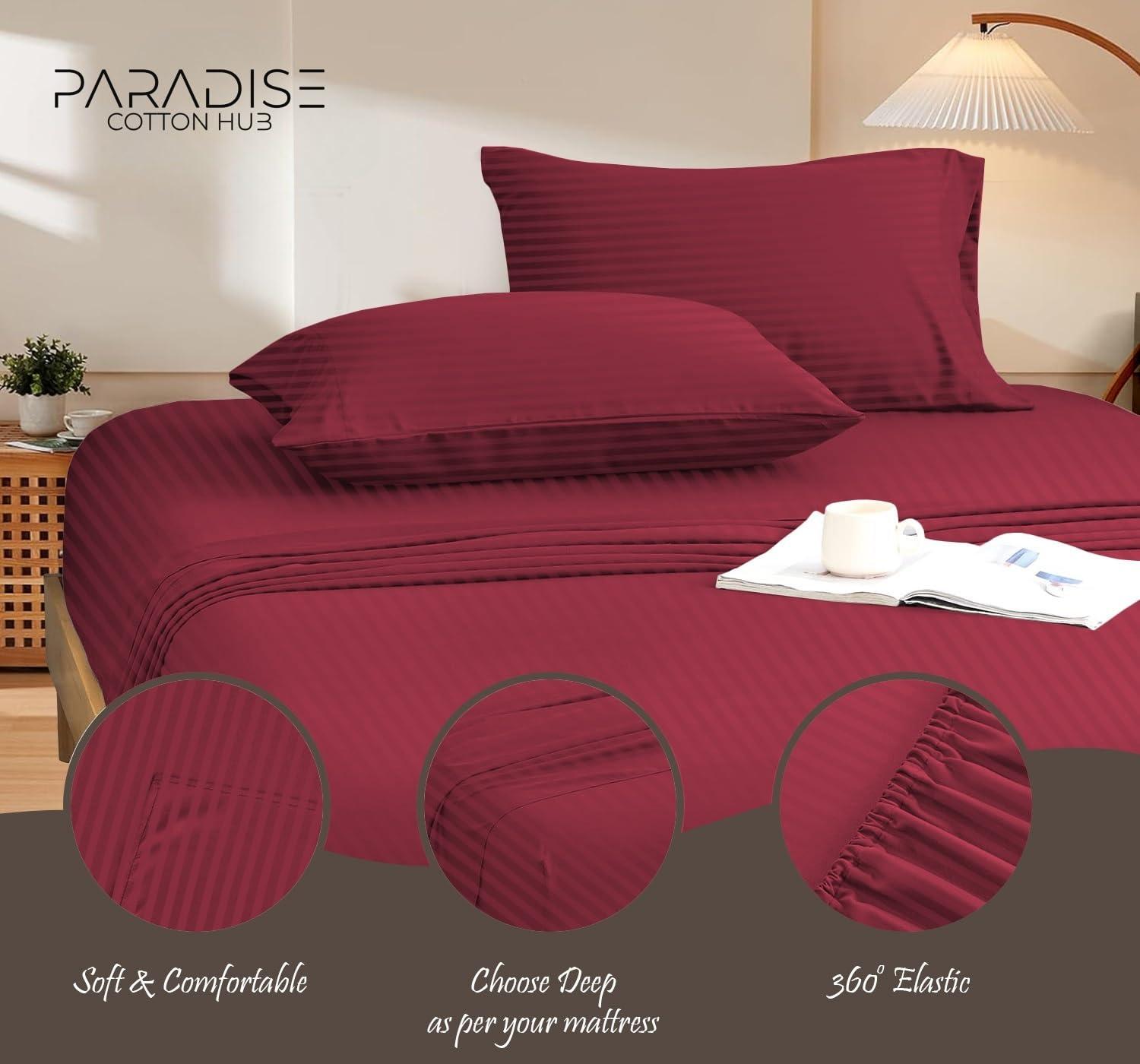 Paradise Cotton Hub Paradise Cotton Hub Hotel Luxury Easy Care King Size 4-Piece Sheet Set 400-TC Egyptian Cotton Perfectly fits mattresses 18-21\" Deep Pocket (Stripe, Burgundy)