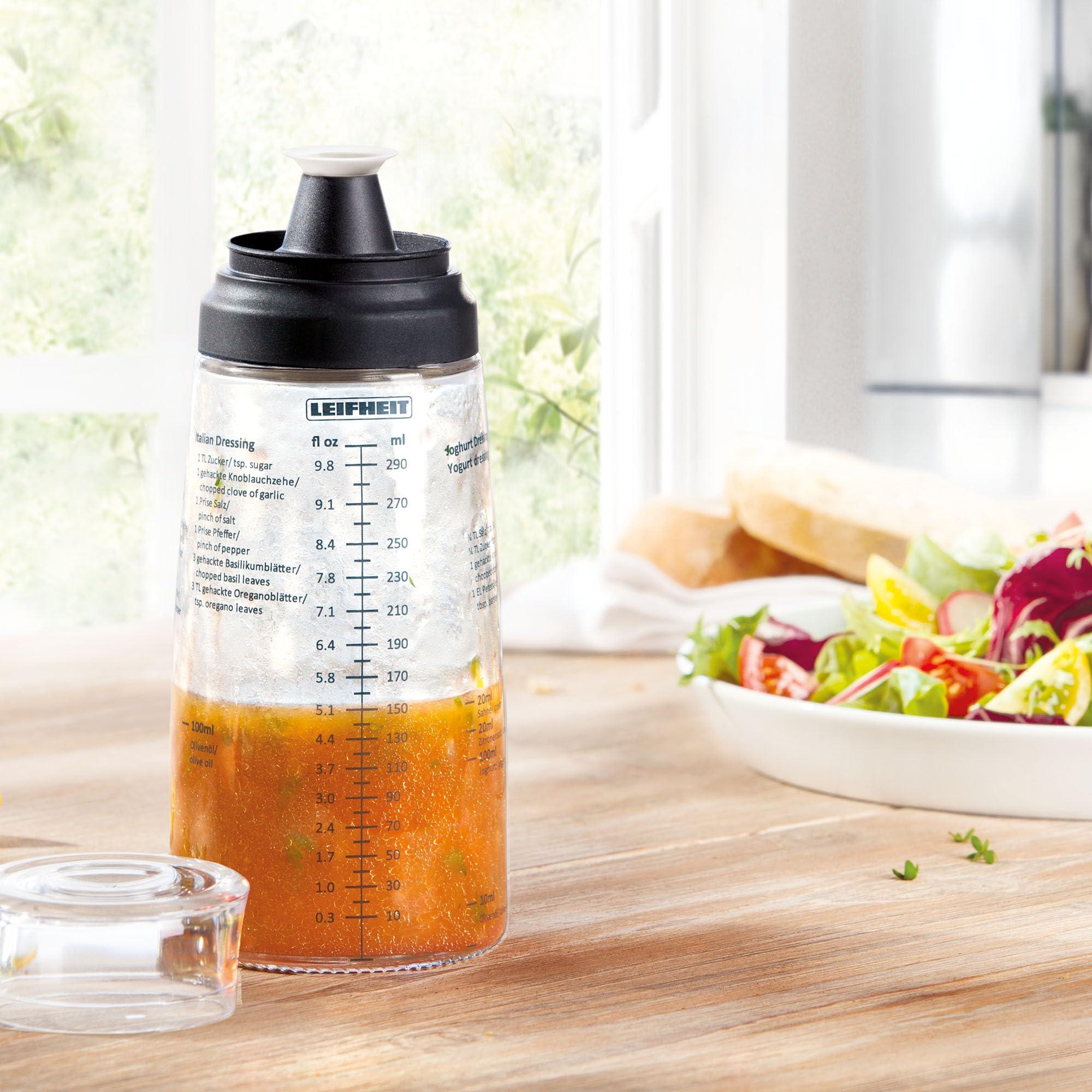 Leifheit Leifheit Glass Salad Dressing Bottle, 10 oz, Durable Glass Bottle with Plastic Lid, Non-Drip Spout, Dishwasher Safe, German Design, Elegant, Eco-Friendly, Black