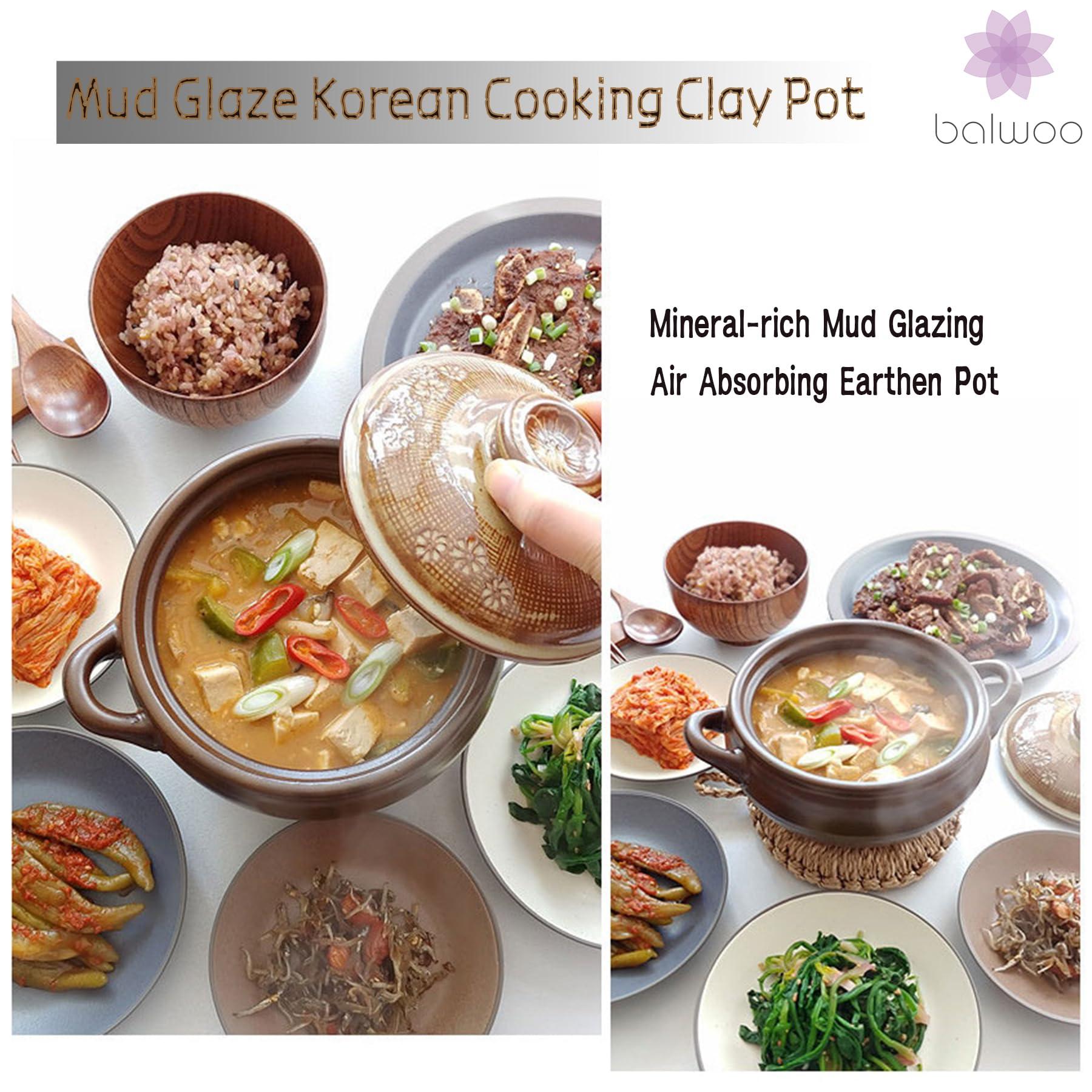 BALWOO BALWOO Korean Pot [Buncheong] MUD GLAZE Earthenware Ttukbaegi, Natural Ceramic Clay Cooking Pot Casserole, Heat Resistant Earthen Pot, Stone Bowl Stockpot Soup Crock, Pottery Bowl (Medium)