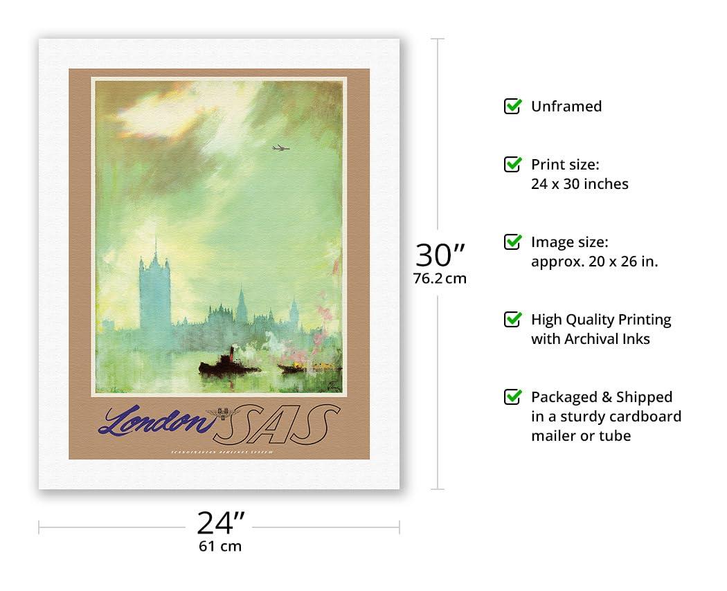 Pacifica Island Art London - River Thames - SAS Scandinavian Airlines System - Vintage Airline Travel Poster by Otto Nielsen c.1960s - Fine Art Rolled Canvas Print 20in x 26in