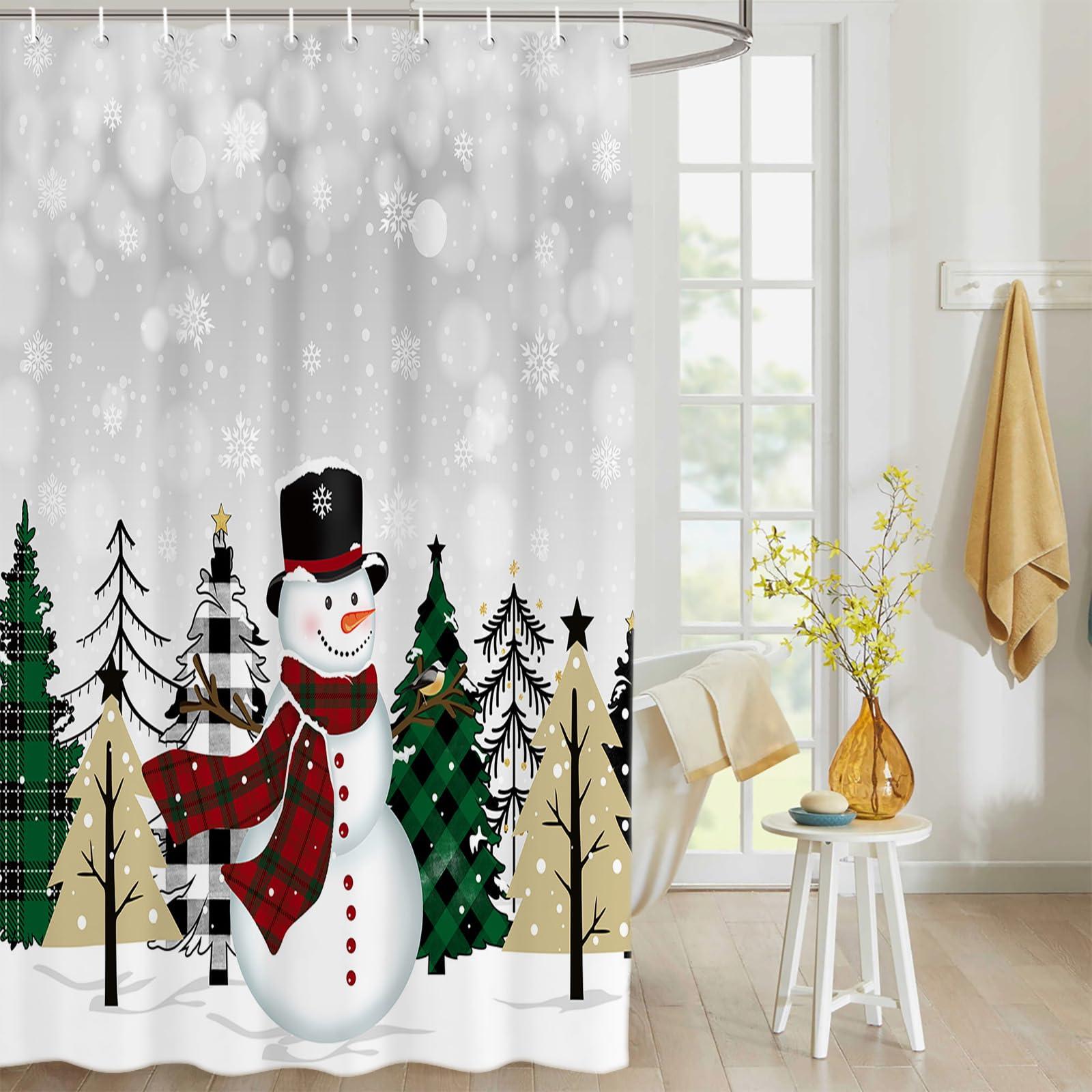 EZON-CH Chriatmas Shower Curtains for Bathroom, Snowman Xmas Tree Snowflakes Grey Shower Curtain Set Shower Curtain Set Waterproof Fabric Bath Curtain with Hooks for Home Hotel Apartment Farmhouse 48x72 inch
