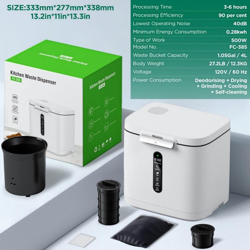 Fylecen 4L Electric Composter for Kitchen, Smart Compost Bin Outdoor/Indoor, Odorless/Auto-cleaning/ 3 Modes/Intelligent LED Display, Turn Food Waste to Fertilizer for Garden, Food Waste Compost Machine