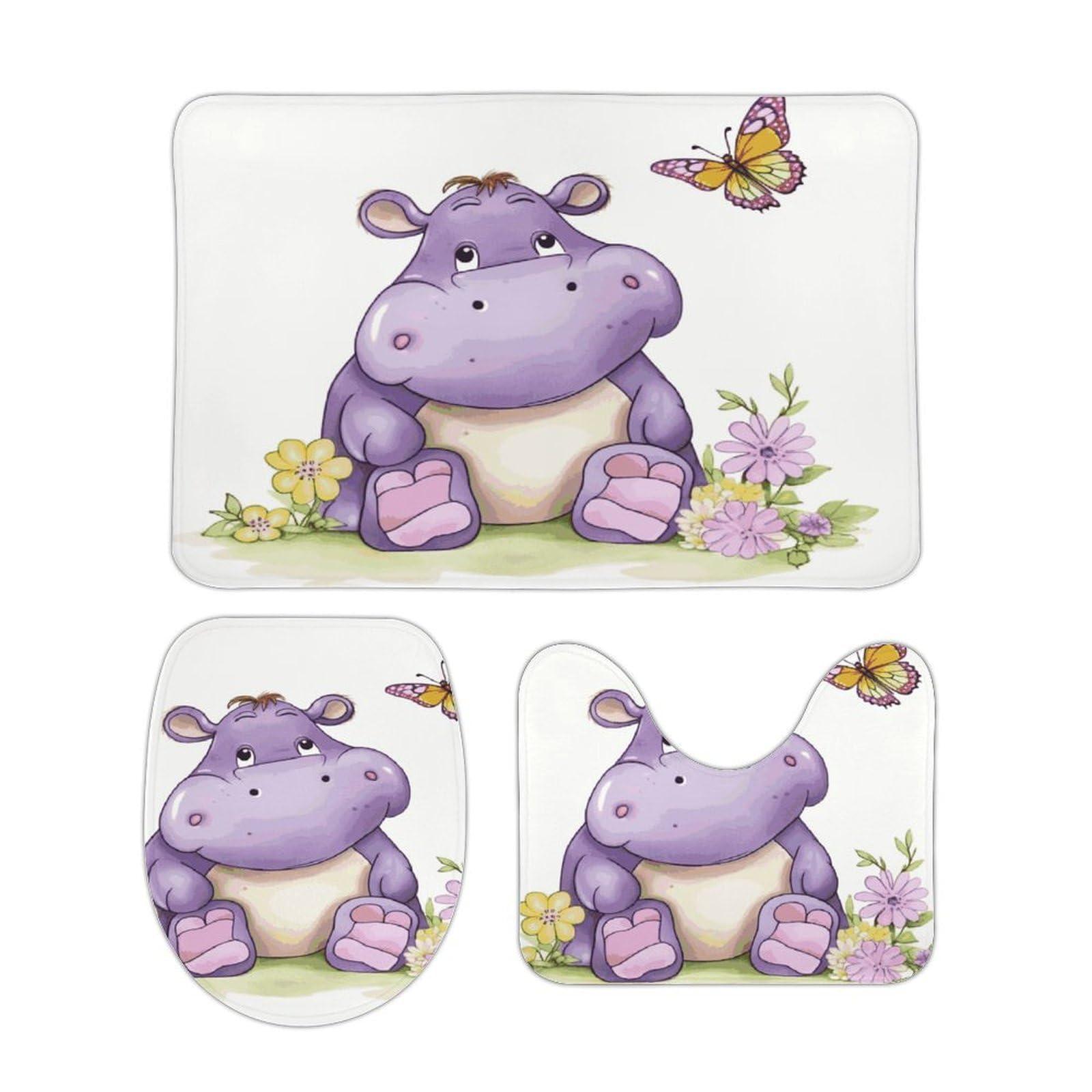 SLKFJEWT Bathroom Rug Butterfly and Hippo 3 Pieces Bathroom Rugs Bath Set Non-Slip Ultra Soft Carpet Mats Absorbent with U-Shaped Toilet for Toilet Bath Mat Set
