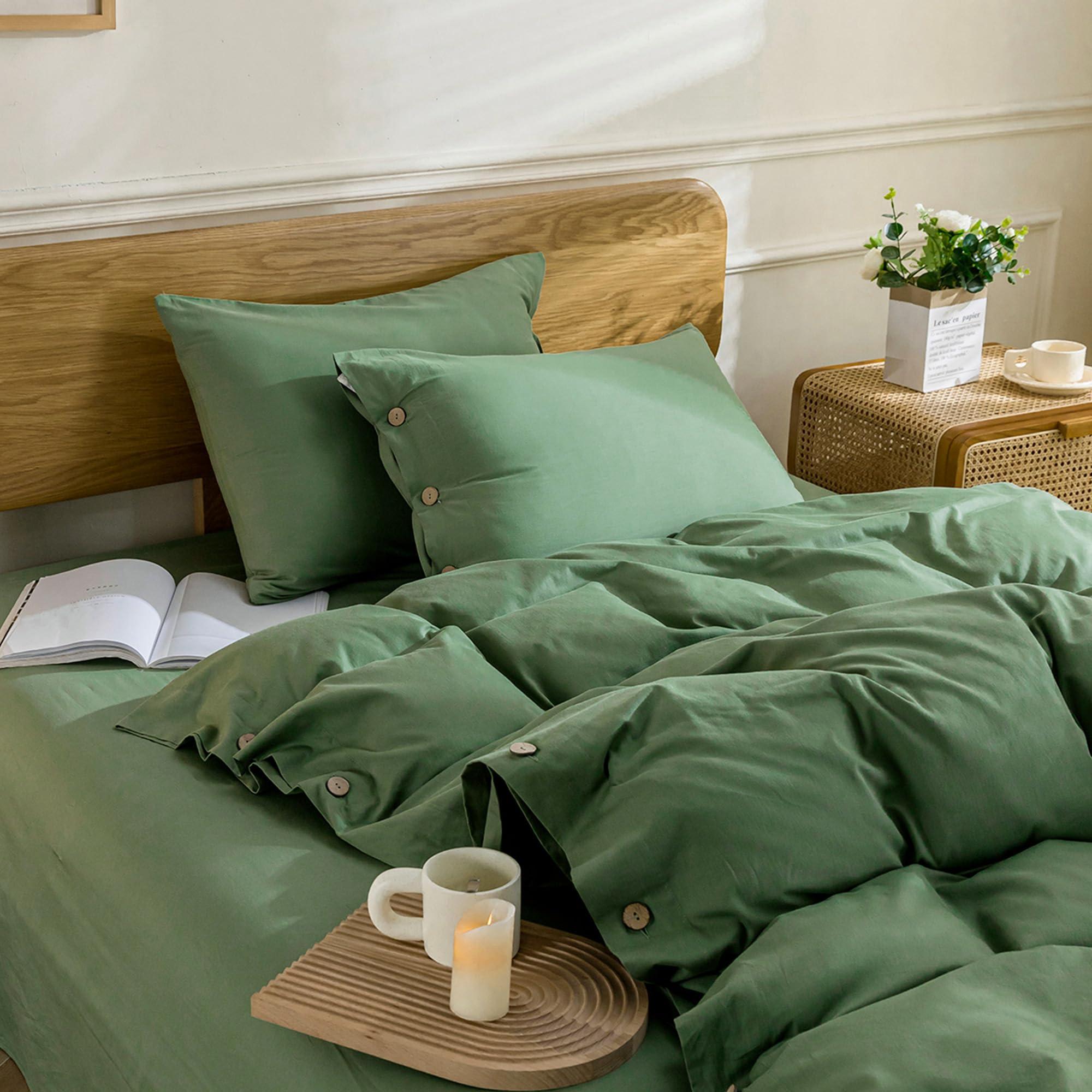 JELLYMONI JELLYMONI Cotton Duvet Cover Set - 100% Washed Cotton Linen Like Textured Comforter Cover, 3 Pieces Soft Bedding Set with Button Closure (Green, Super King 120\"x98\")