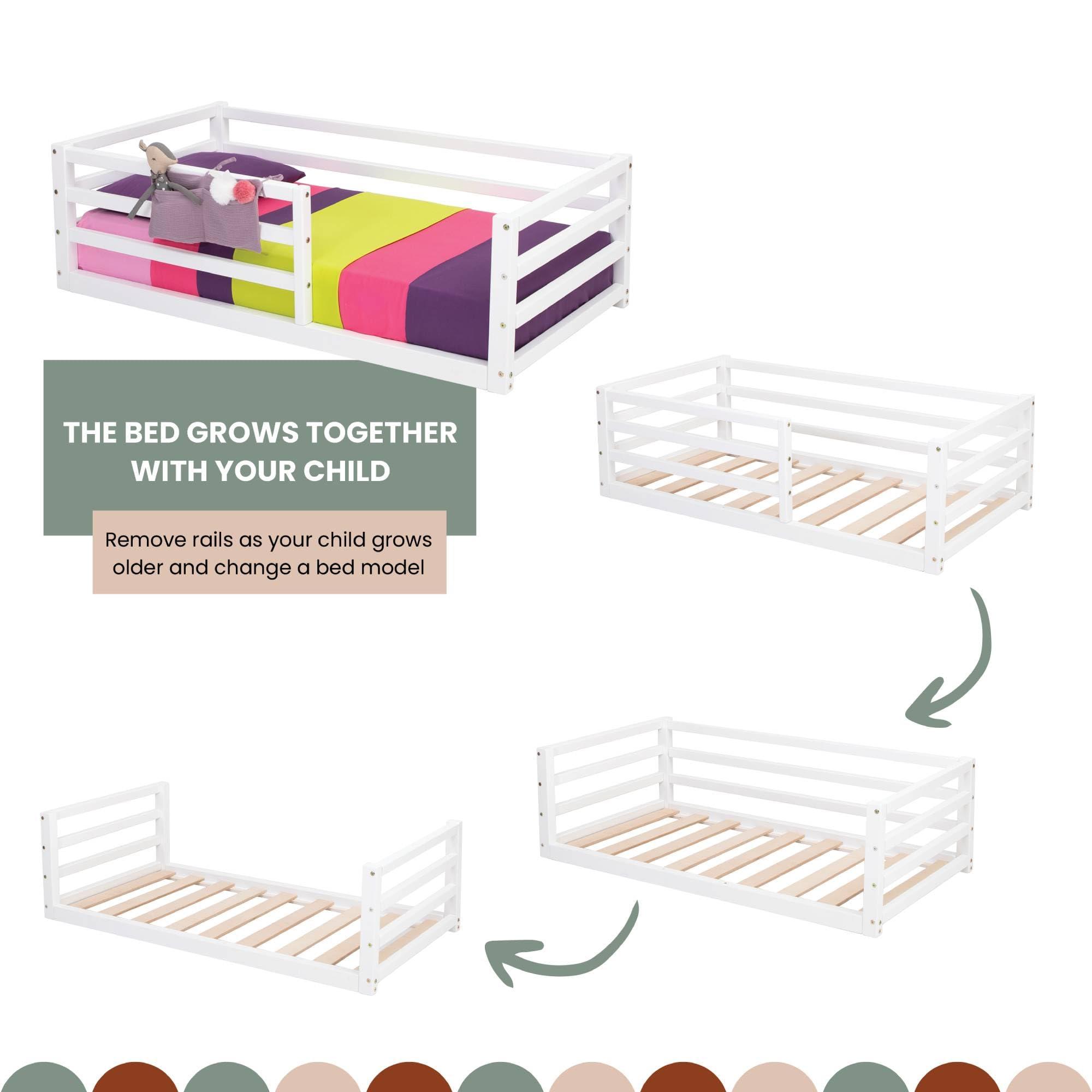 Sweet Home From Wood Montessori toddler bed with rails, Toddler floor bed with rails, Montessori floor bed with rails for kids, Wooden floor bed, Montessori furniture (Twin, White)