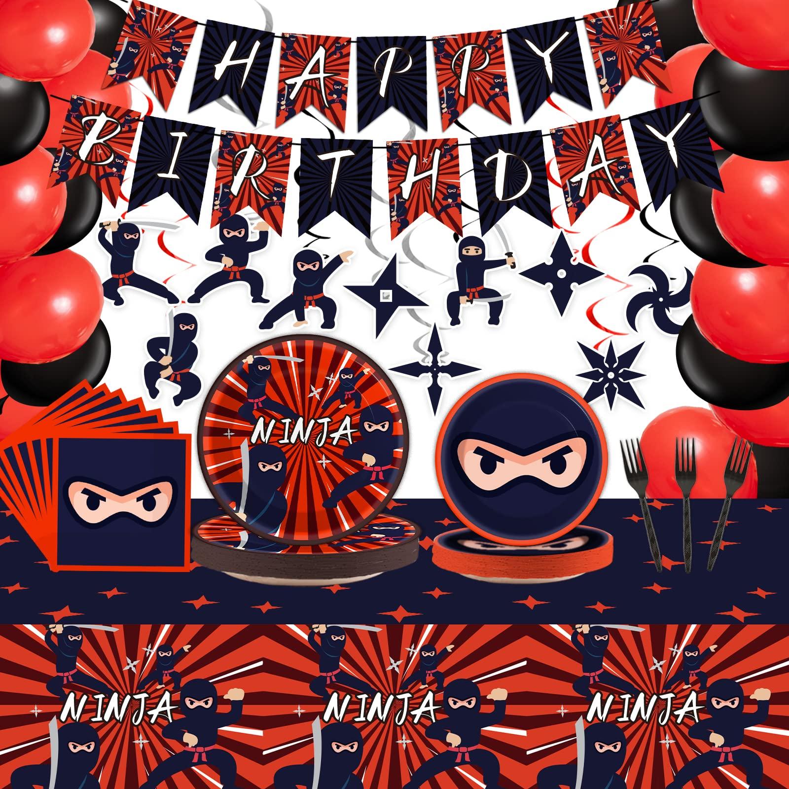 Tevxj 162 Pcs Ninja Birthday Party Decoration Set Ninja Warrior Party Supplies Kit Includes Ninja Master Tableware Tablecloth Hanging Banners Foil Swirls Cutouts Balloons for Kids Boys Karate Party Favors