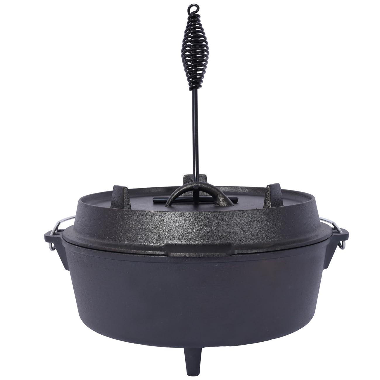 ZeHuoGe Camping Dutch Oven, Pre-Seasoned Camp Cookware Pot With Lid - Lid Lifter, Cast Iron Deep Pot with Metal Handle for Camping Cooking BBQ Baking Campfire, Black (6 QT)