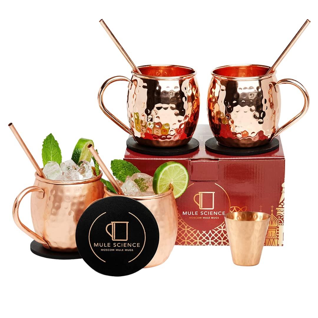 Advanced Mixology Advanced Mixology [Gift Set] Mule Science Moscow Mule Mugs Set of 4 (19 oz. large size) | 100% Handcrafted | Food Safe | Copper Mugs w/Accessories | Tarnish Resistant Copper Cups