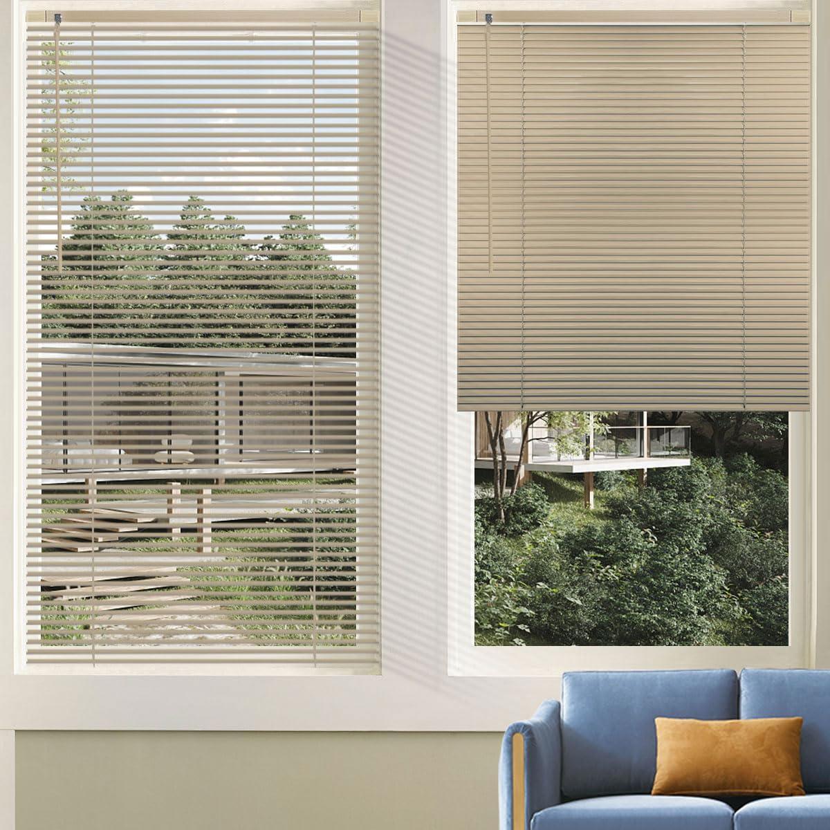getopblinds Cordless Venetian Horizontal Blinds No Drill No Tools Blinds for Window Treatment Custom 1" Slat Aluminum Shutter Blinds Window Shade for Privacy Light Control, Easy to Install, 16" W x 64" L, Beige