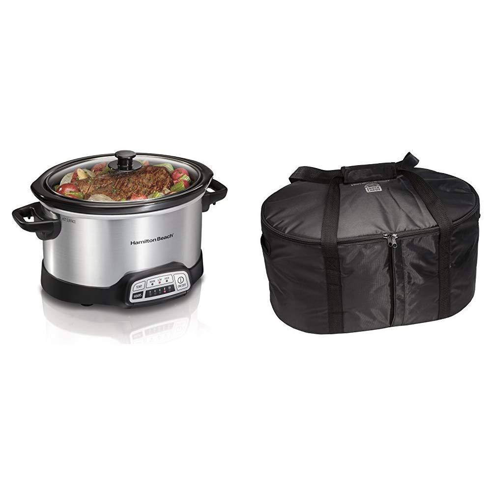 Hamilton Beach Hamilton Beach 4-Quart Programmable Slow Cooker With Dishwasher-Safe Crock and Lid, Silver (33443) & Hamilton Beach Travel Case & Carrier Insulated Bag (33002),Black