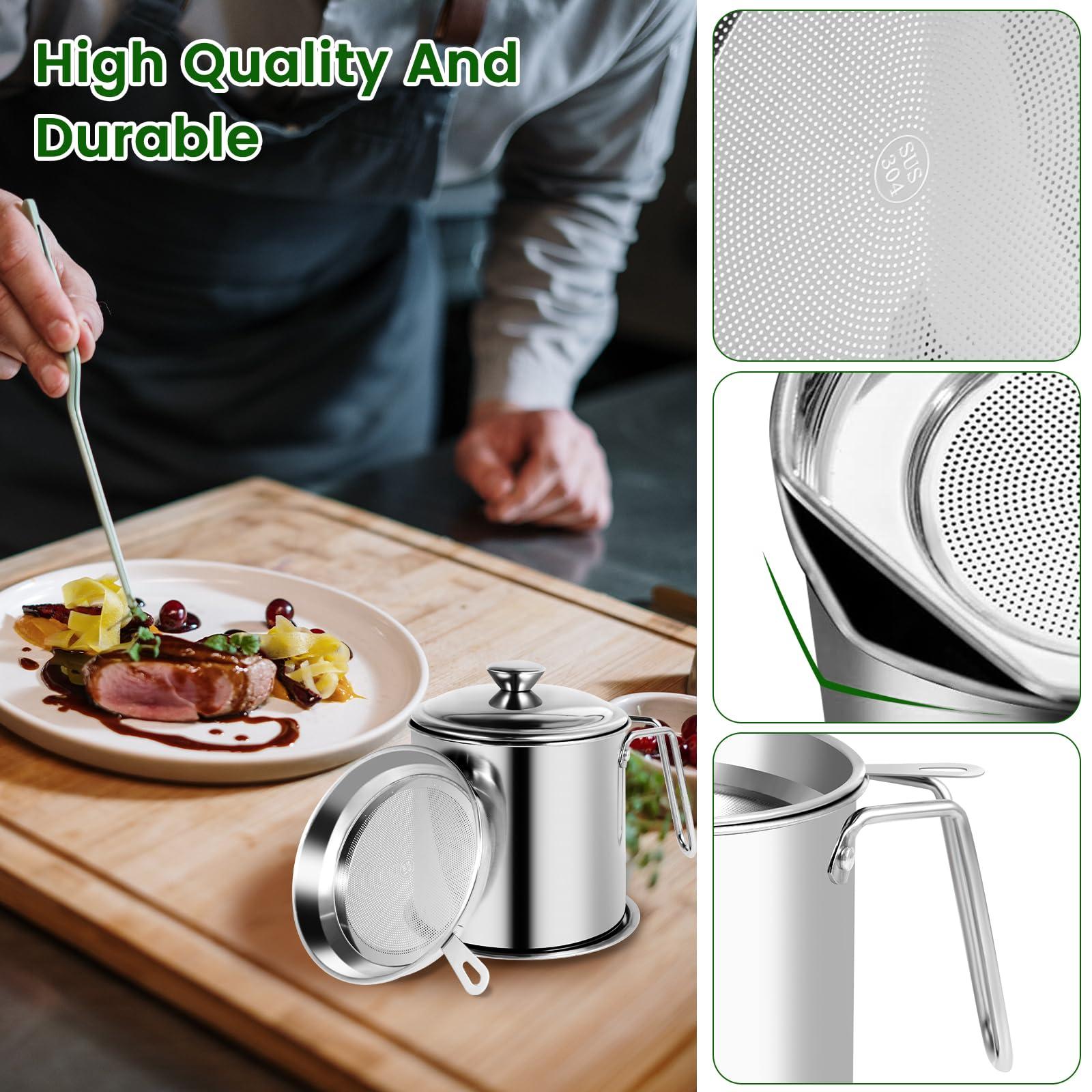 kjcbkcb Oil Strainer Pot, 1.8L Stainless Steel Oil Storage Can with Strainer and Dust-Proof Lid, Bacon Grease Saver Container, Wide Mouth Oil Filter Pot for Storing Frying Oil and Cooking Grease