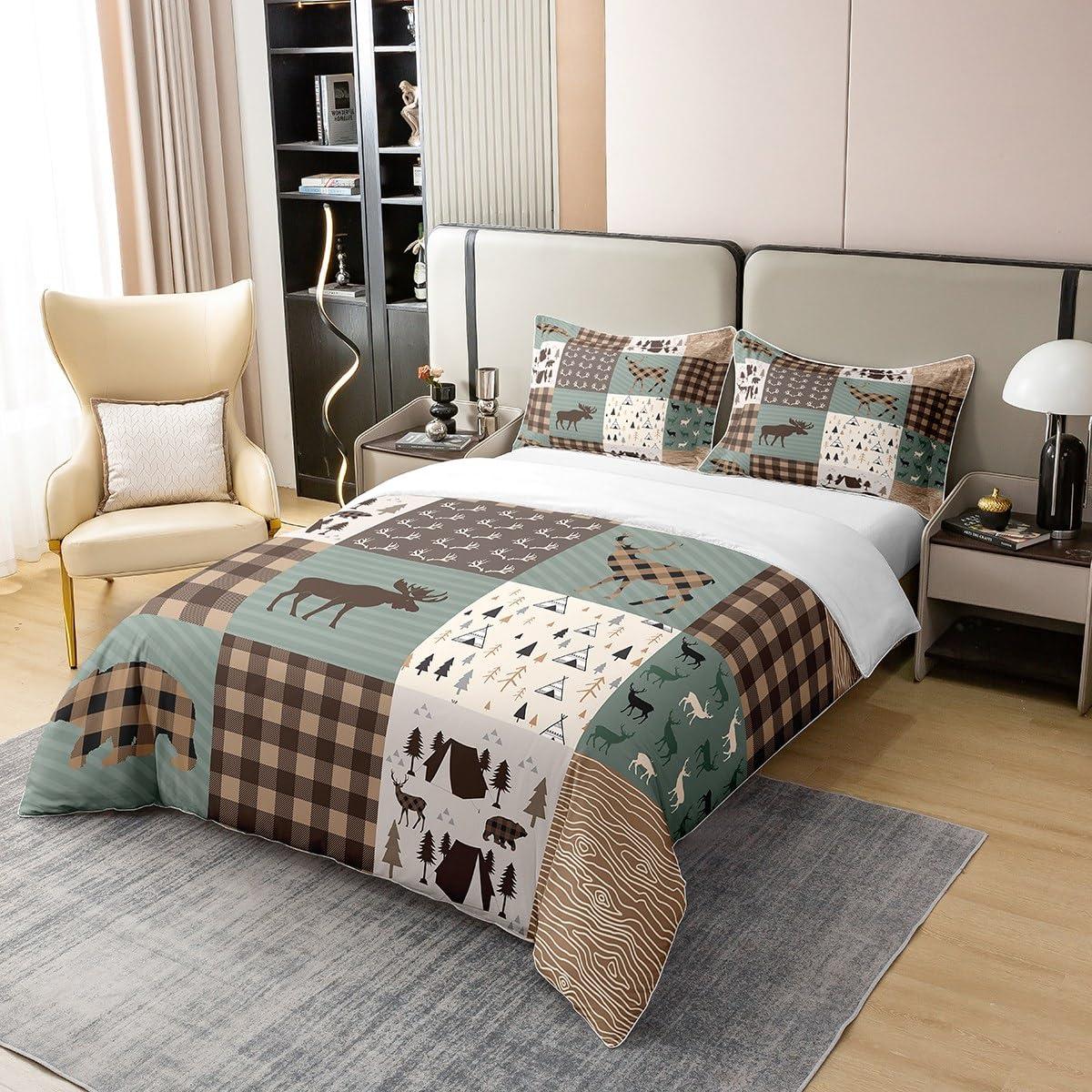 Erosebridal 100% Cotton Rustic Patchwork Duvet Cover King,Retro Cabin Bedding Set for Kids Boys Teens,Woodland Bear Deer Hunting Comforter Cover Moose Wild Animal Camping Tent Brown Lattice Farmhouse Bed Set