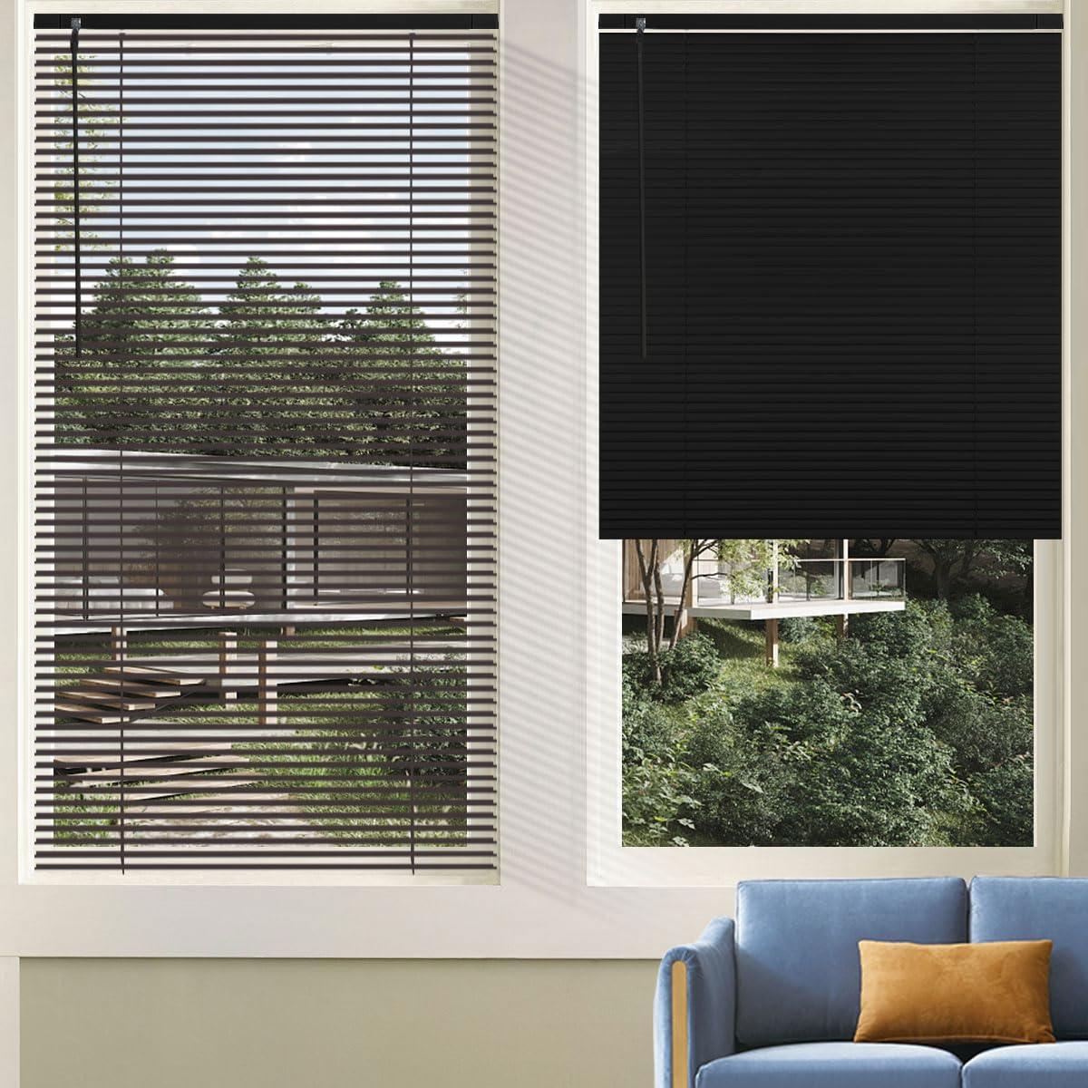 getopblinds Cordless Venetian Horizontal Blinds No Drill No Tools Blinds for Window Treatment Custom 1" Slat Aluminum Shutter Blinds Window Shade for Privacy Light Control, Easy to Install, 30" W x 52" L, Black