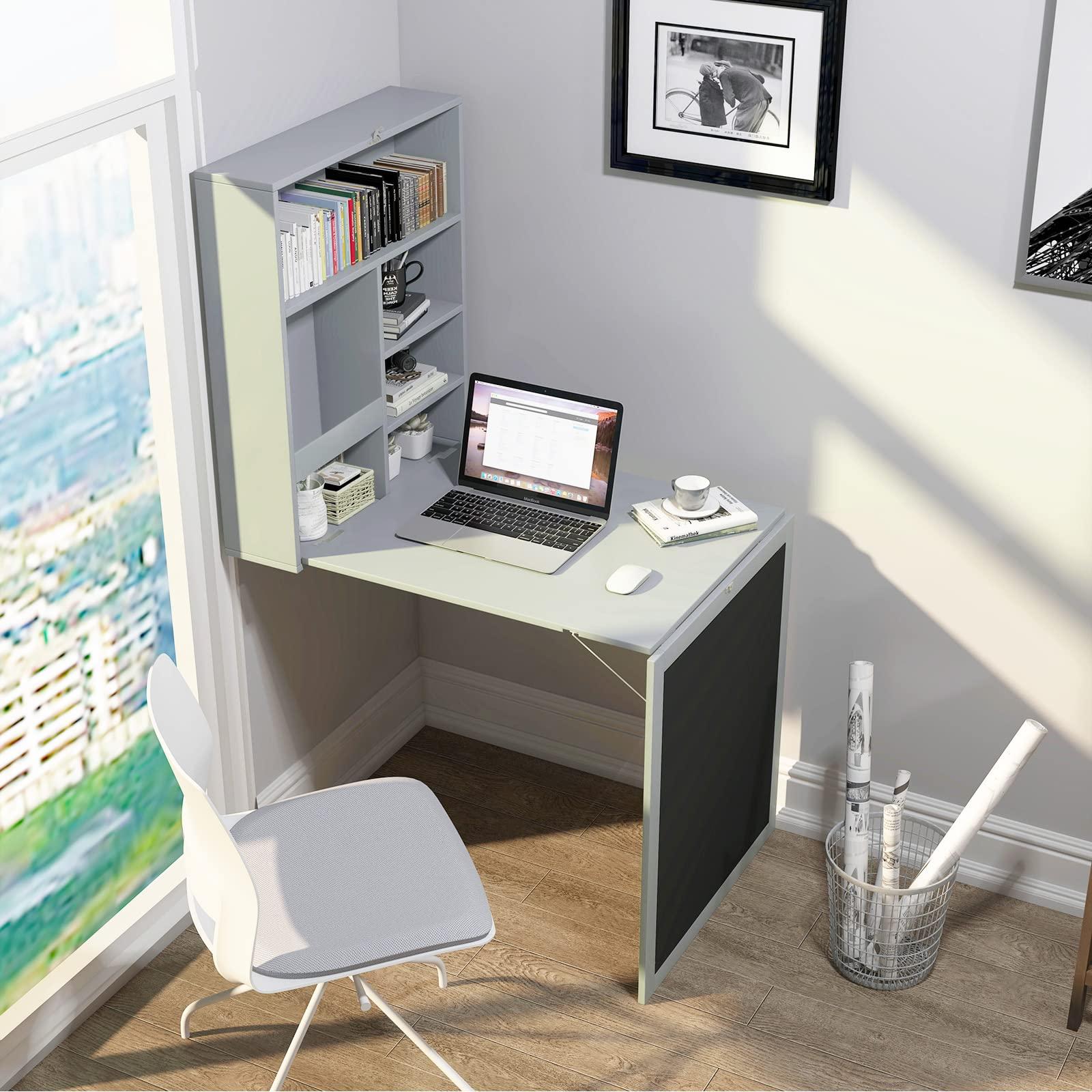 IFANNY IFANNY Folding Wall Desk, Wall Mounted Fold Out Desk with Storage Shelves & Hooks, Hideaway Desk Wall Mount with Chalkboard, Floating Corner Desk for Small Spaces (Gray)