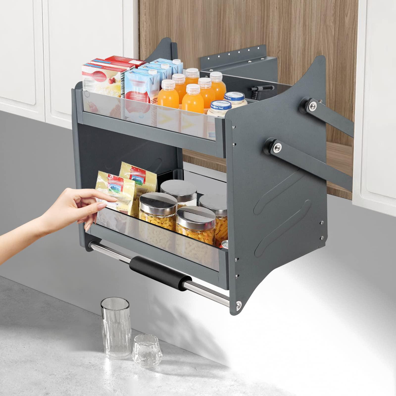 SanBouSi 2-Tier Pull Down Kitchen Cabinet Organizer, Heavy Duty Drop Down Shelf Blind Pull-Down Dish and Spice Rack System Inner Space Saving High Cabinet Pull Down Shelf for Kitchen Base Cabinet Organization