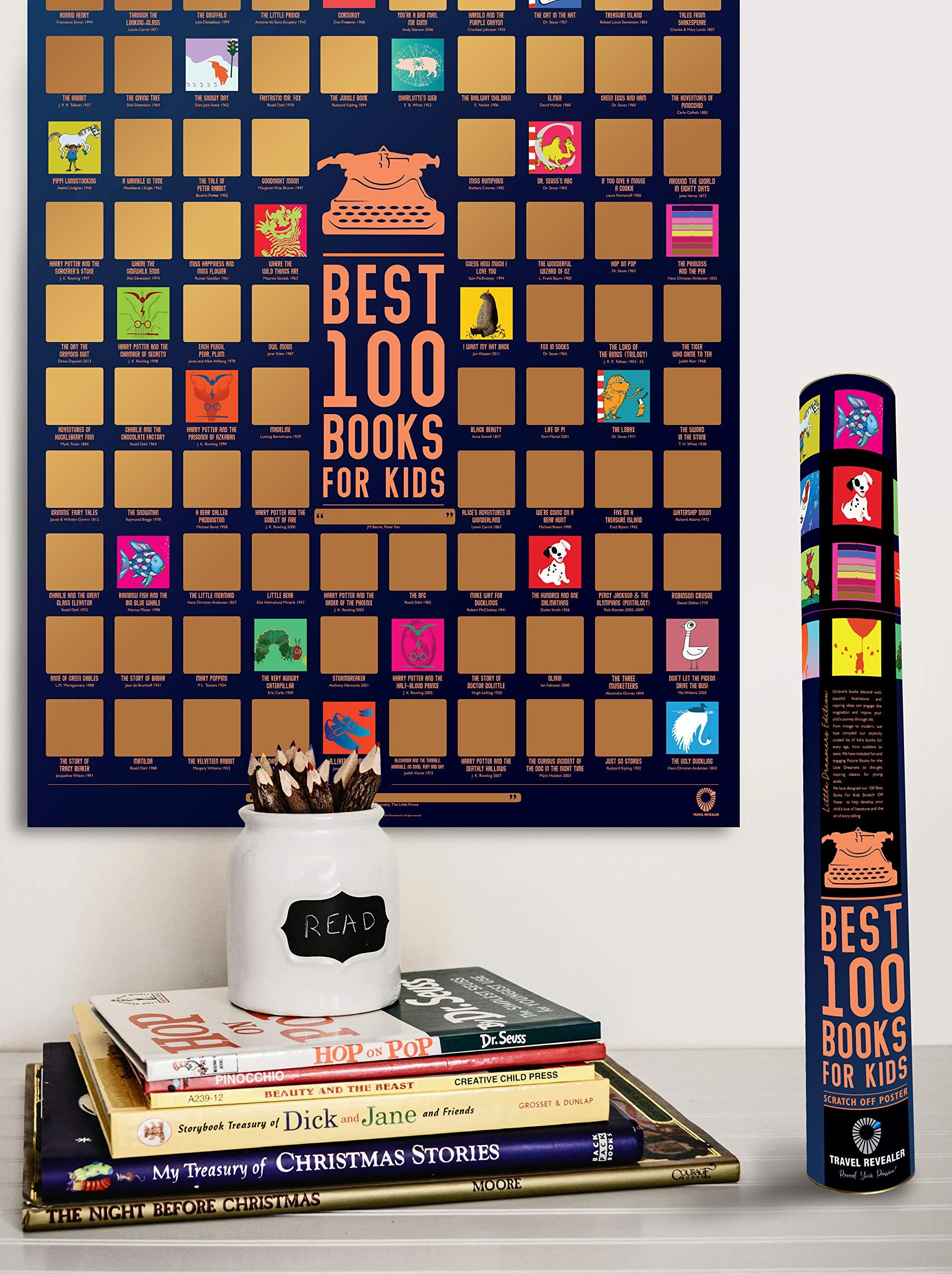 Travel Revealer Travel Revealer 100 Kids Books Scratch Off Poster, Best 100 Books for kids Scratch Off Poster, 24x17 Gold Foil Novel Scratch Off Poster with learn to read books