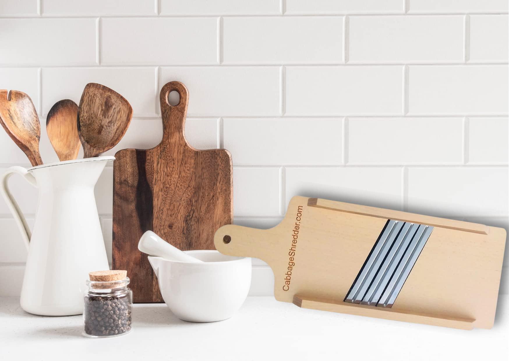 CabbageShredder.com Cabbage Shredder & Vegetable Slicer for Food Preparation, Sauerkraut, Coleslaw, Salads. Compact Size. Solid Wood. Thin Slices. Three Blades!