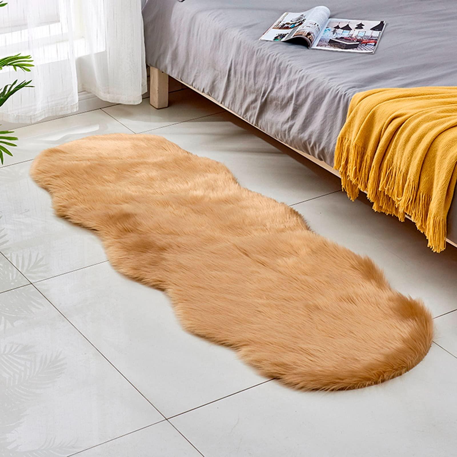 KELINFONG Ultra Soft Faux Fur Rug - 2x5 Feet 17 Colors Faux Sheepskin Fur Area Rug Shaggy Couch Cover Seat Cushion Furry Carpet Beside Rugs for Indoor Bedroom,Living Room Runner,Dorm Room (Khaki)