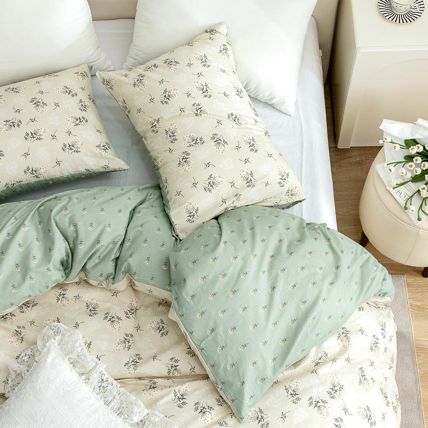 Jane yre Duvet Cover Twin Floral, 100% Cotton 3 Pieces Floral Bedding Set Twin, Garden Style Green Flower Pattern Floral Duvet Cover Twin, with Zipper Closure, Luxury Soft Breathable Comfy (Floral, Twin)