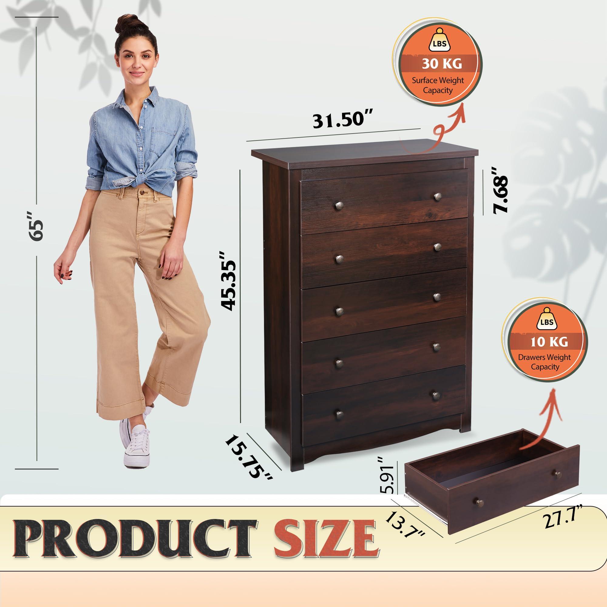 WLIVE WLIVE Wood Dresser with 5 Drawer, Cabinets Dressers Wood Dresser Cabinet, Organizer Drawers for Bedroom, Living, Hallway, Measuring 15.7\" W*31.4\" D*45.3\" H, Brown