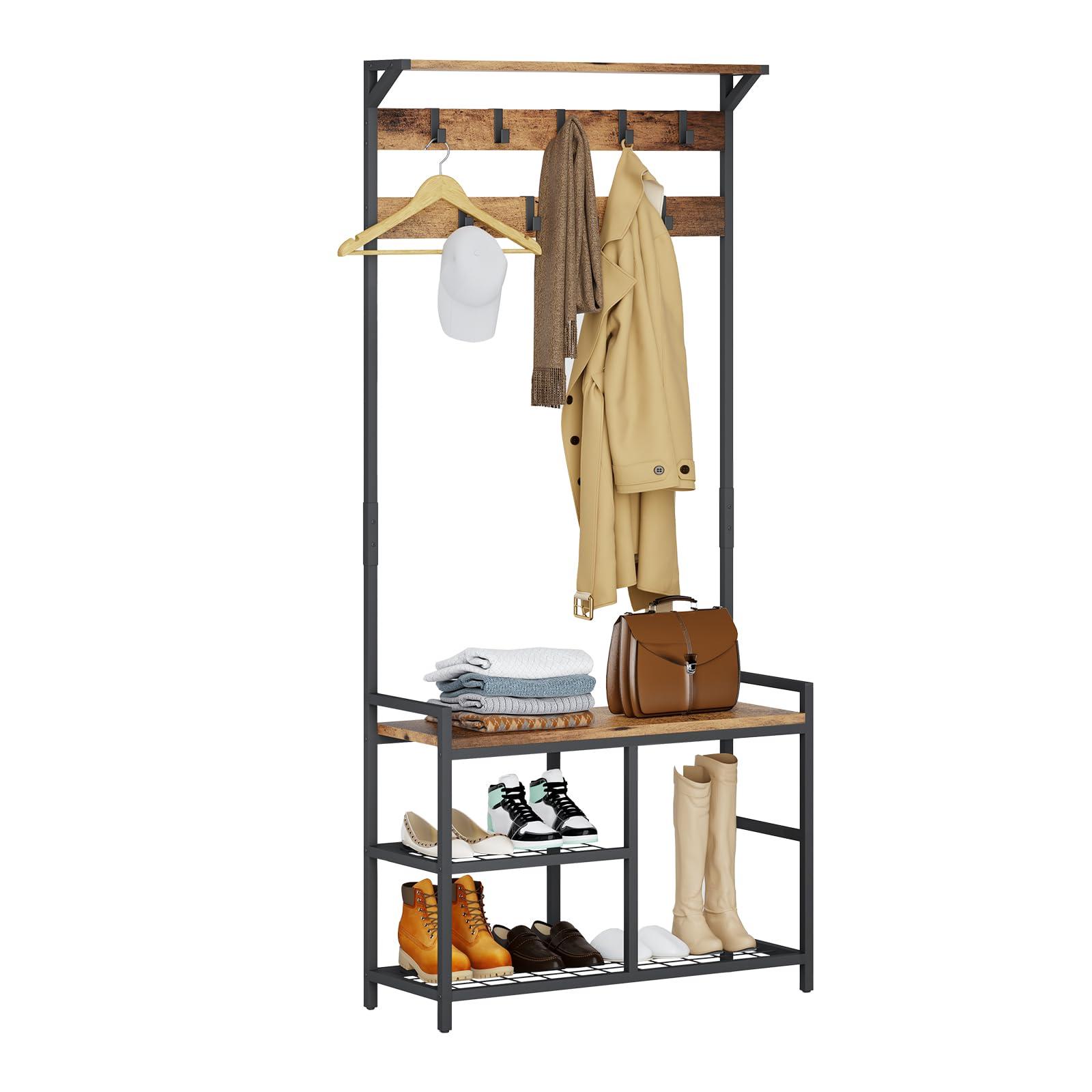 HOMEKOKO HOMEKOKO Coat Rack Shoe Bench, Hall Tree Entryway Storage Bench, Wood Look Accent Furniture with Metal Frame, 3-in-1 Design (Rustic Brown)