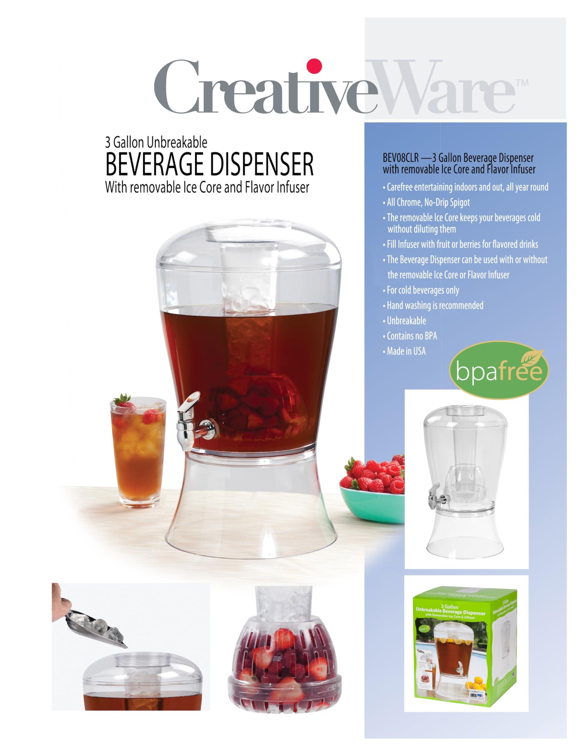 CreativeWare CreativeWare Beverage Dispenser with Ice Cylinder and Fruit Infuser, 3 Gallon, Clear