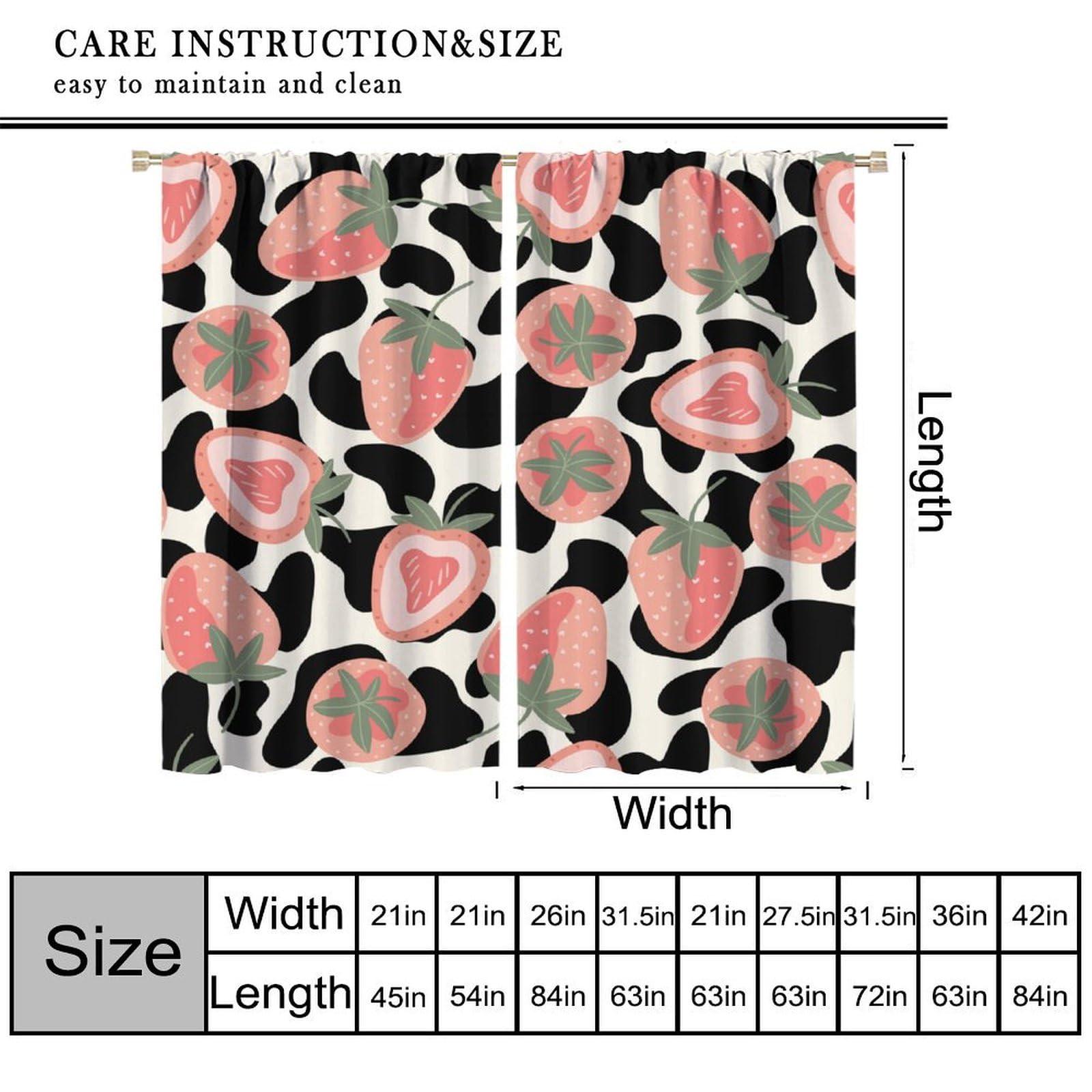 BenYaSong Milk Cow Print Blackout Curtains,Cartoon Pink Strawberry,Bull Cattle Farm Animals Black White Cowhide,Fruits Themed Window Treatments for Home Kitchen Restaurant Decoration Window Curtain 2Panel 52"W