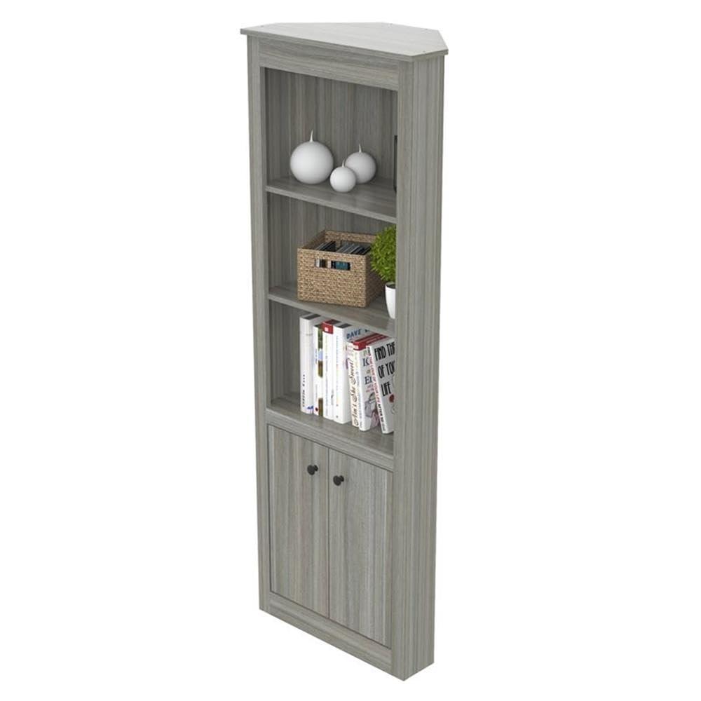Inval Inval Space-Saving Design, Gray Smoke Oak Corner Bookshelf with 3 Open 2 Concealed Shelves, Modern Wood Bookcase