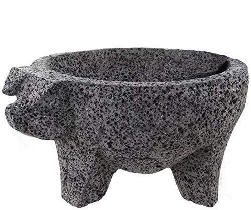 Lindo Brand Lindo Brand 8.6 inch Molcajete Mortar and Pestle with Pig Design, Mexican Handmade with Lava Stone Ideal as Herb Bowl, Spice Grinder, Volcanic Stone