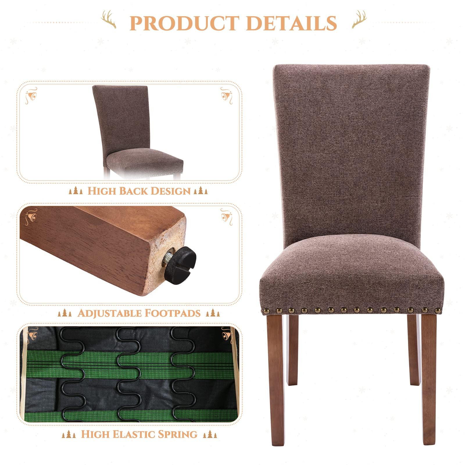 COLAMY Parsons Dining Chairs Set of 6, Upholstered Nailhead Dining Room Kitchen Side Chair with Thick Cushions and Wood Legs, Brown