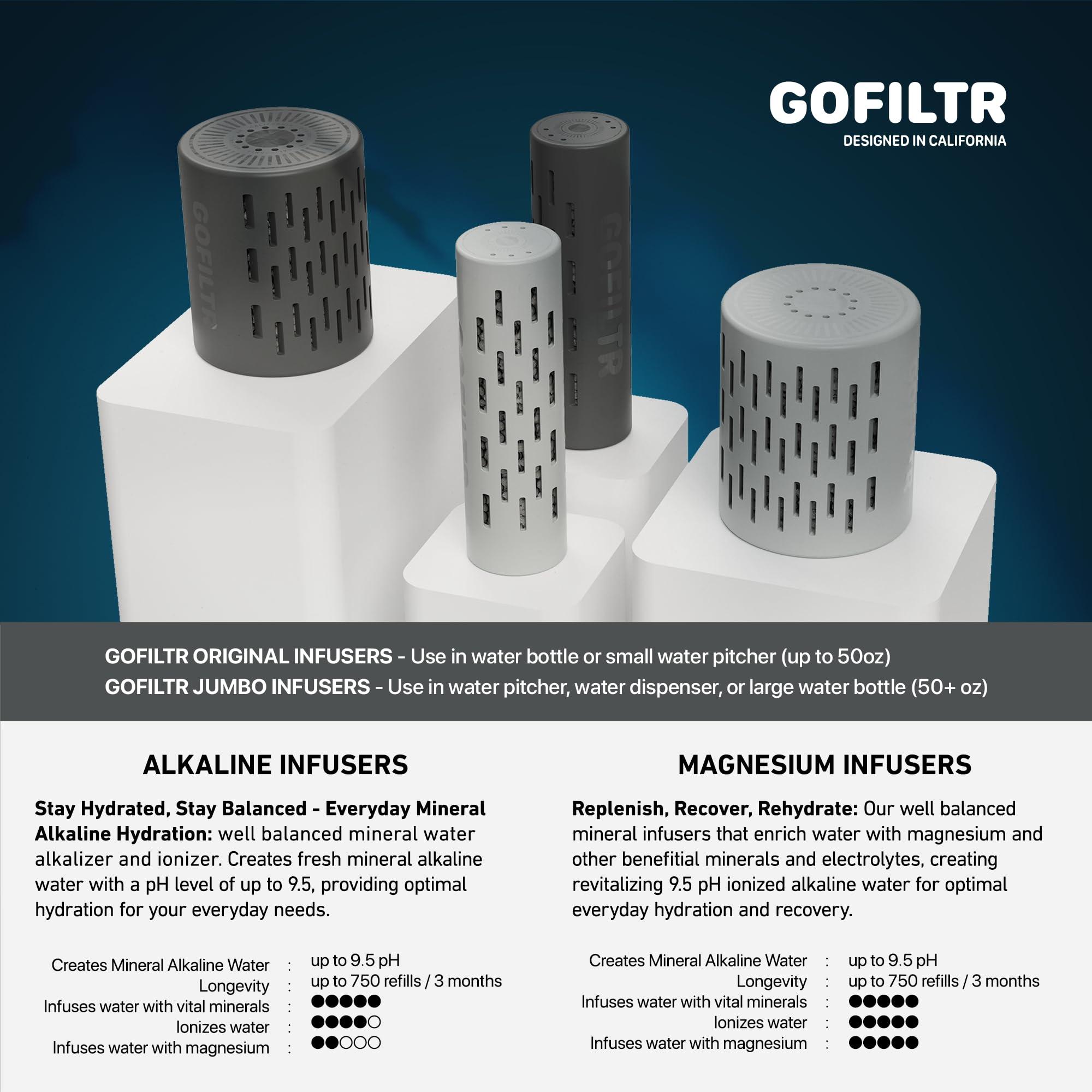 GOFILTR GOFILTR Alkaline Water Infuser (Original 2 Pack) 9.5 pH + Electrolytes for Any Water Bottle/Small Pitcher, 750 Refills / 3 Months, 2 Ionized Mineral Water Infusers