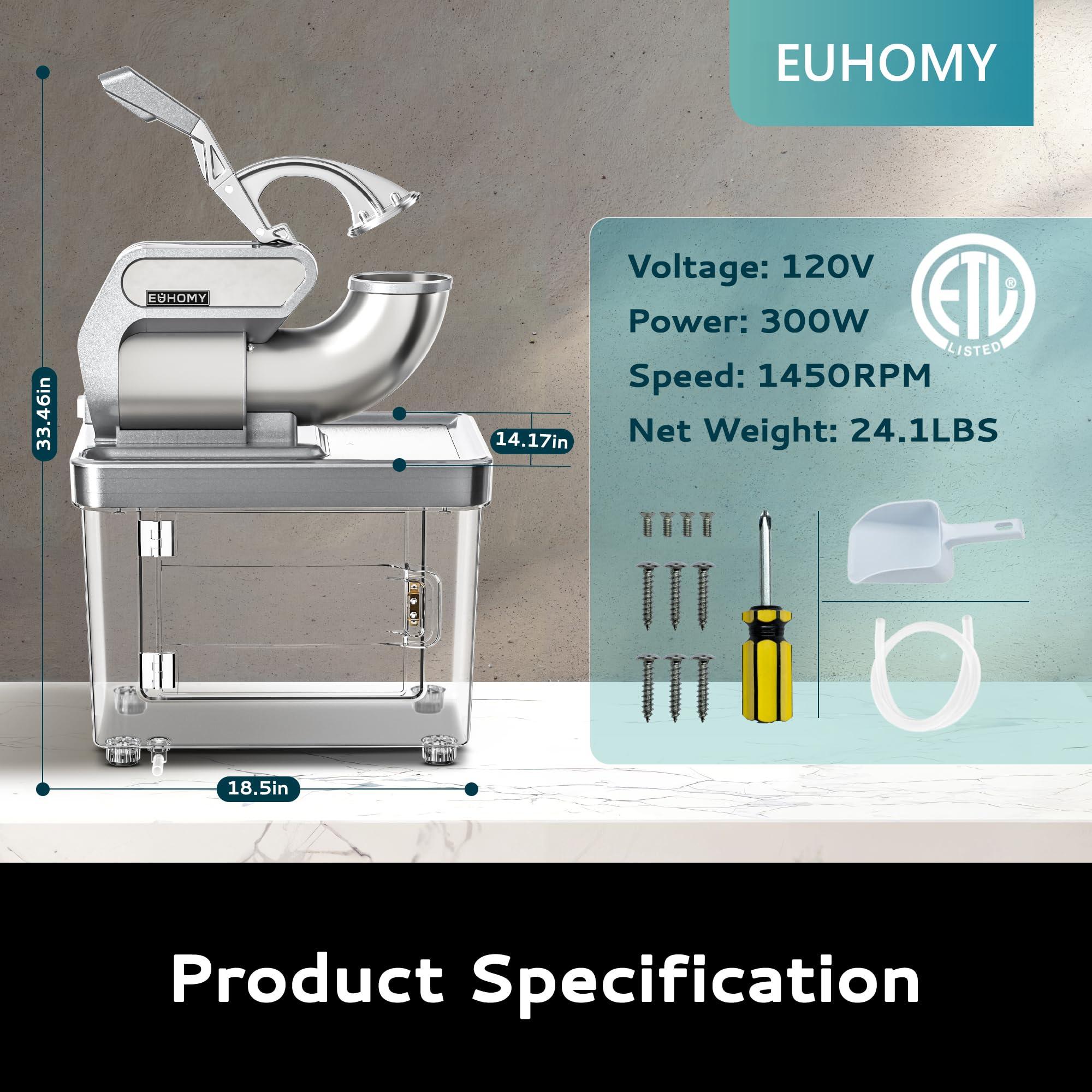 EUHOMY EUHOMY Commercial Ice Crusher, 661Lbs/H, ETL Approval, Snow Cone Machine with Dual Blades, Easy-to-Clean, 300W Electric Shaved Ice Machine with Safety Switch for Both Home & Commercial Use (Silver)