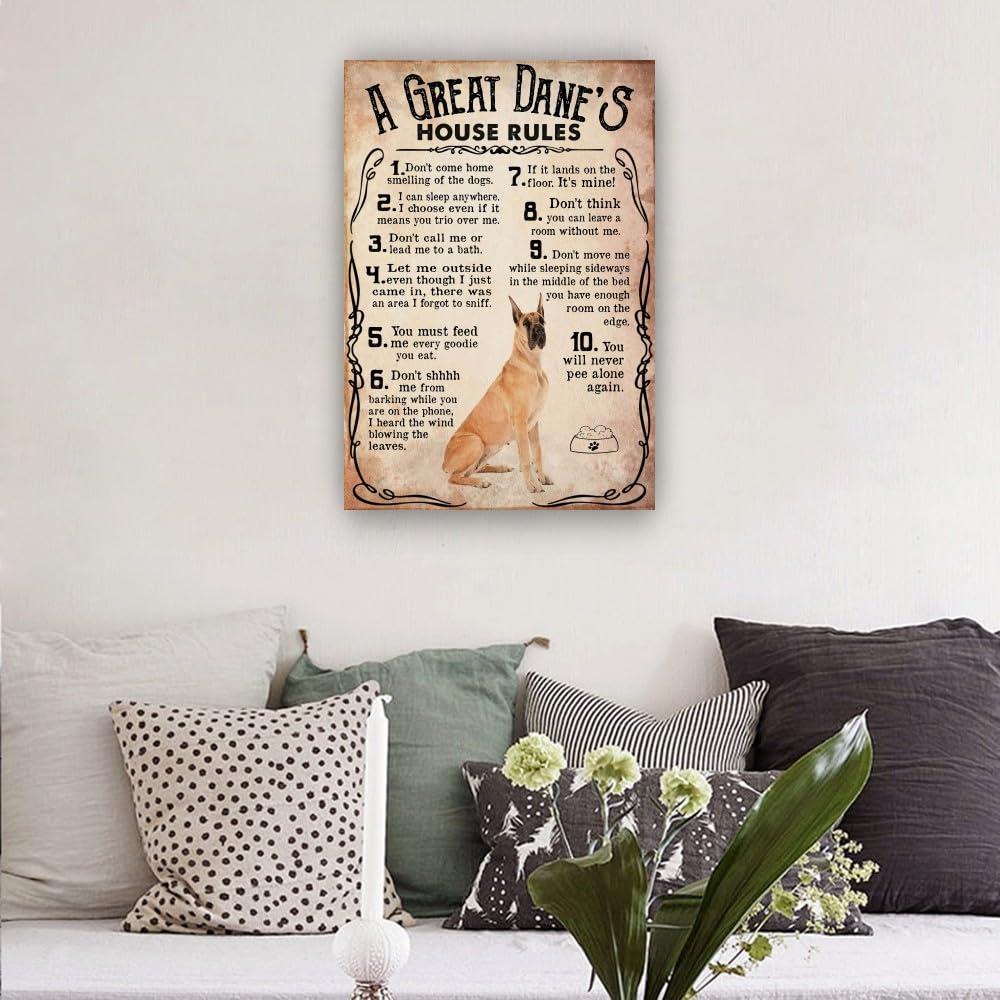 Jinwaftv Jinwaftv Great Dane Dog Poster House Rules Retro Poster Canvas Painting for Bedroom Wall Decor for Kitchen Giclee Print on Canvas Picture Printing (8.00\'\'x12.00\'\',Unframed)