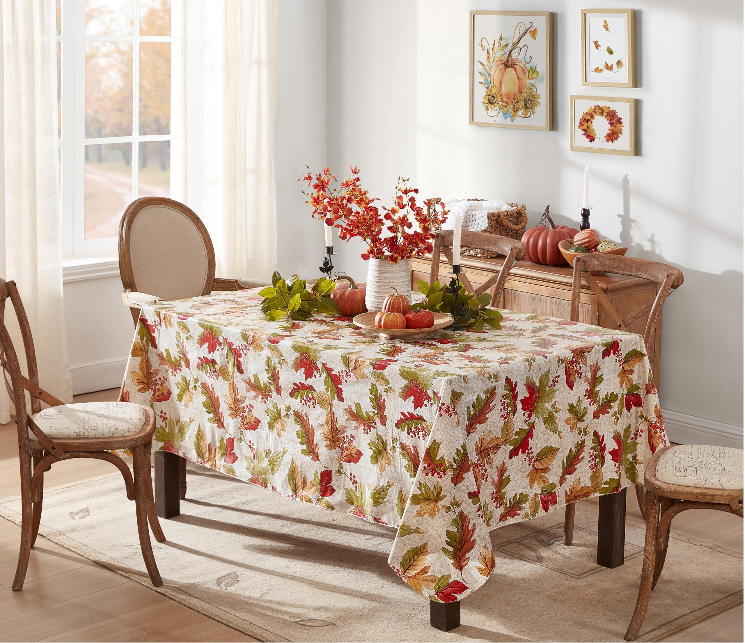 Newbridge Newbridge Rustic Fall Acorn and Leaf Print Autumn Vinyl Flannel Backed Tablecloth, Thanksgiving Autumn Leaves Kitchen Dining Room Vinyl Tablecloth with Flannel Backing, 52\" x 52\" Square