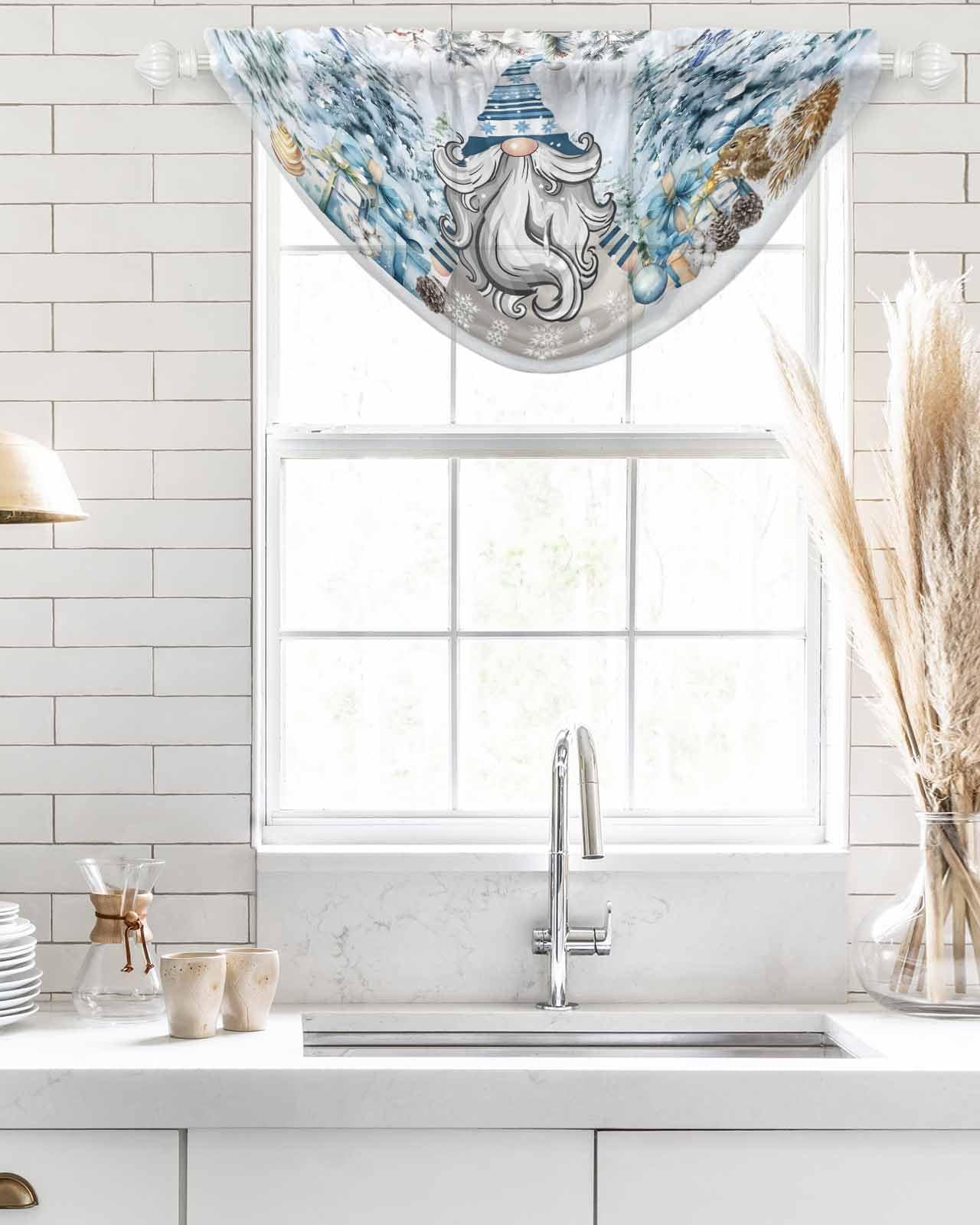 PRINT PICTURE ARTHOME Waterfall Valance Elegant Kitchen Curtains Valances, Winter Christmas Berries Pinecones Fir Tree Robin Gnome Swag Scarf Curtains Valances for Windows, Rod Pocket Window Scarf Valance 38.5x47.2 Inch