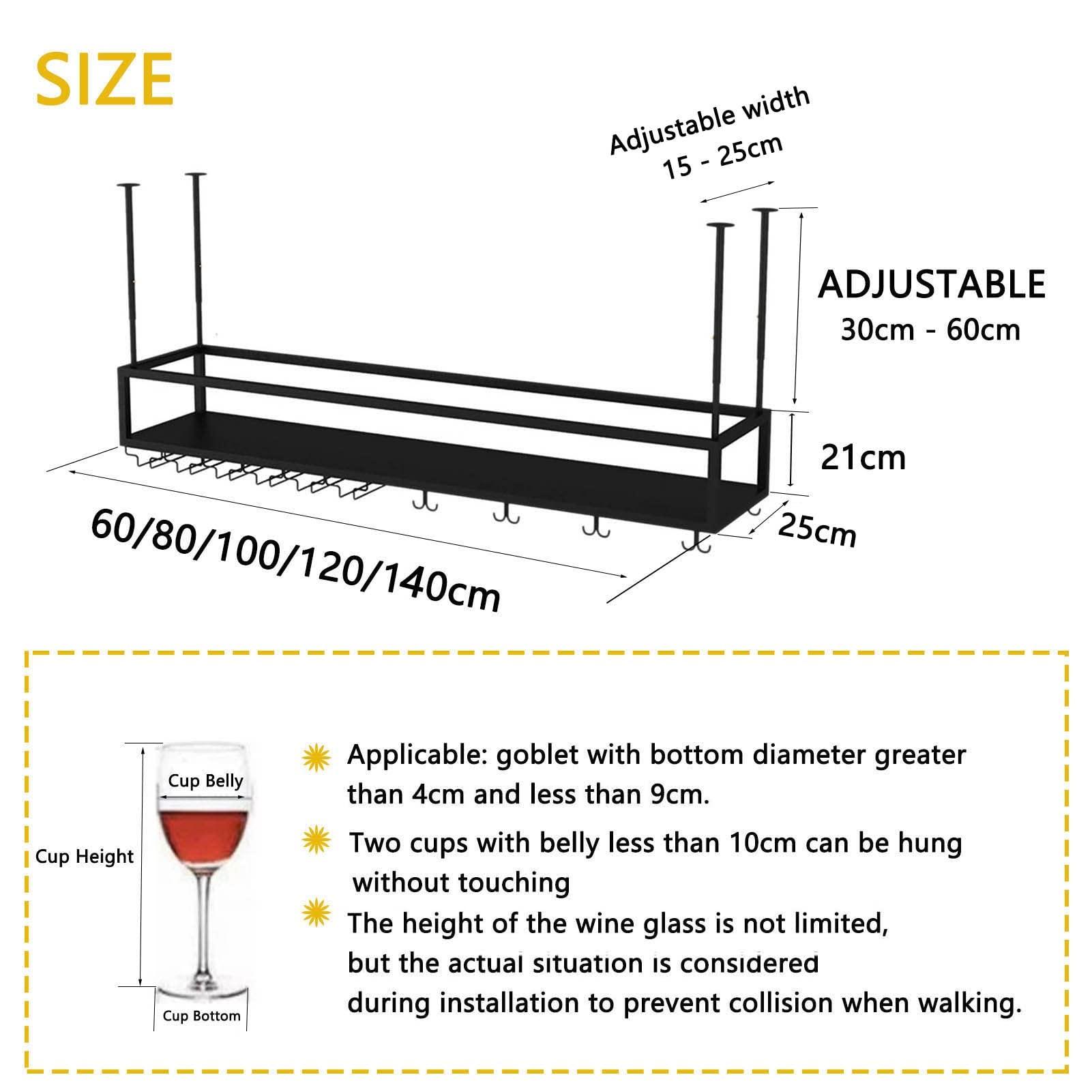 Gaommini Bar Wine Rack Ceiling Wall Hanging Wine Bottle Holder Metal, Upside Down Wine Glass Storage Racks, Goblet Stemware Racks for Under Cabinet, Kitchen Black Adjustable Height ( Size : 140x25x21cm )