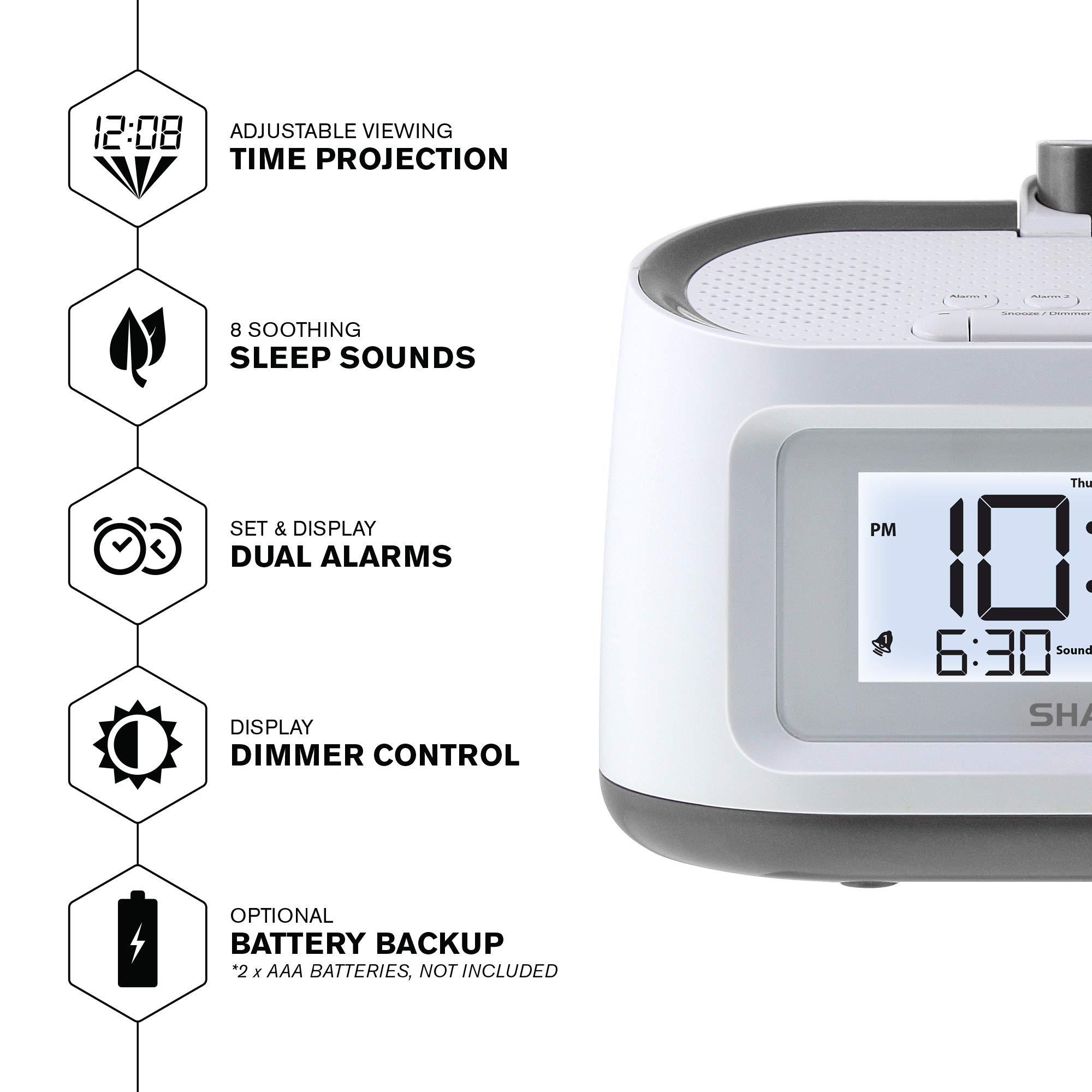 Sharp Sharp Projection Alarm Clock with Soothing Nature Sleep Sounds Easy to Read Projection on Wall or Ceiling 8 Sleep Sounds to Help Fall Asleep Faster, White Case with Gunmetal Trim