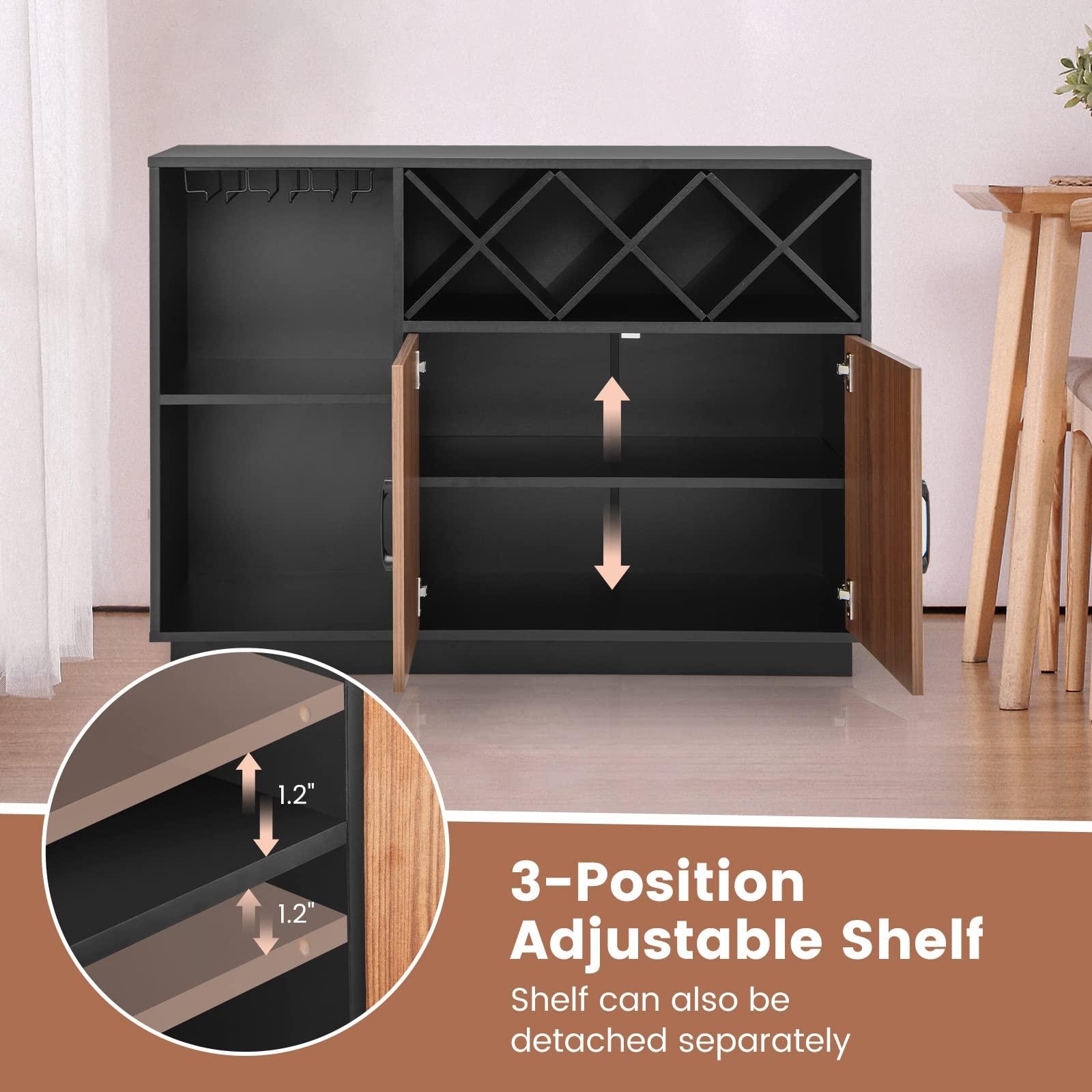CHEFJOY CHEFJOY Industrial Wine Bar Cabinet, Kitchen Buffet Sideboard Cabinet for Liquor & Glasses, Coffee Bar with Removable Wine Rack & Adjustable Shelf, Home Bar Furniture for Living Room, Black
