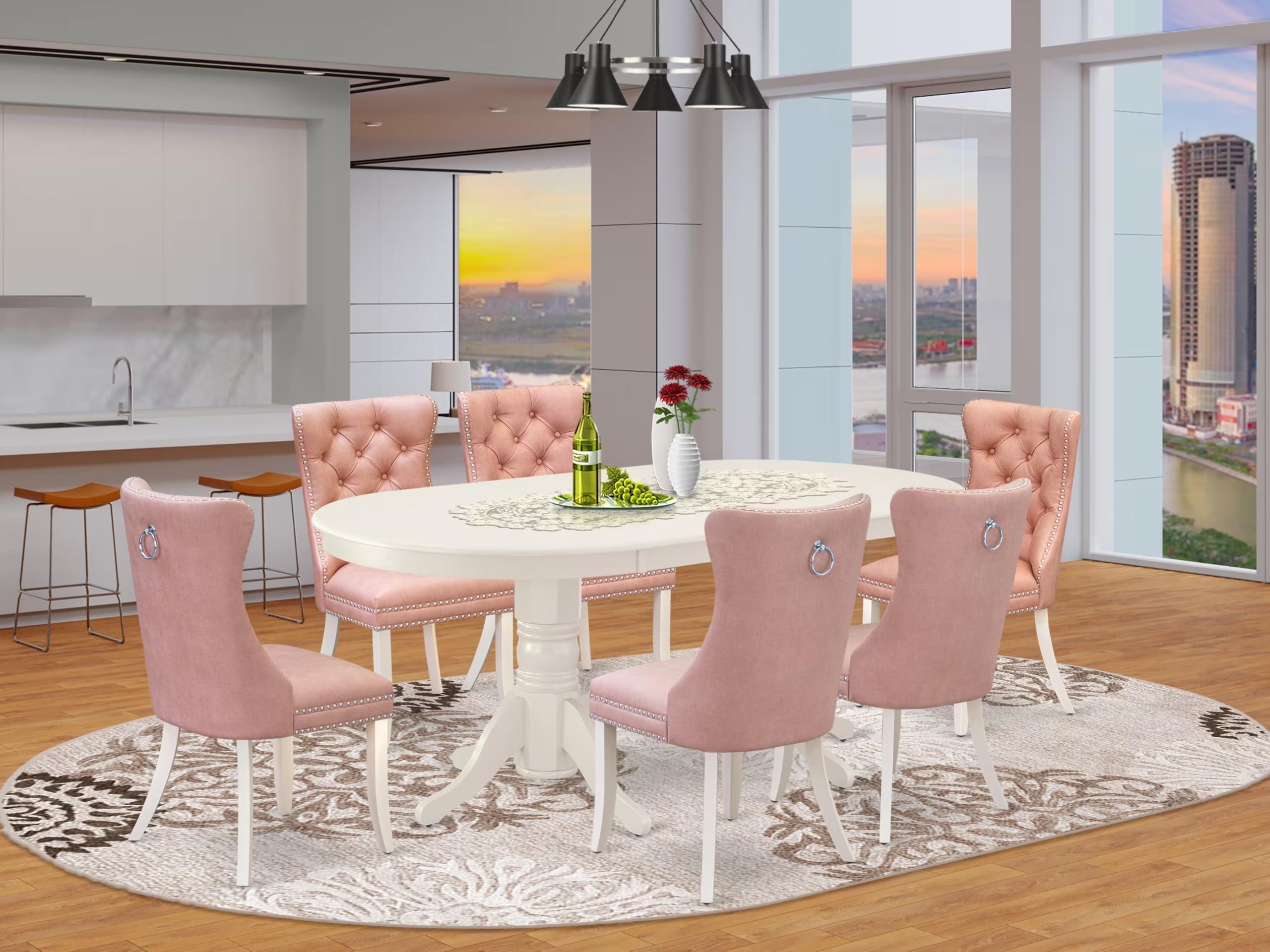 East West Furniture East West Furniture VADA7-LWH-23 7 Piece Dinette Set Contains an Oval Dining Table with Butterfly Leaf and 6 Polyester Upholstered Chairs, Linen White