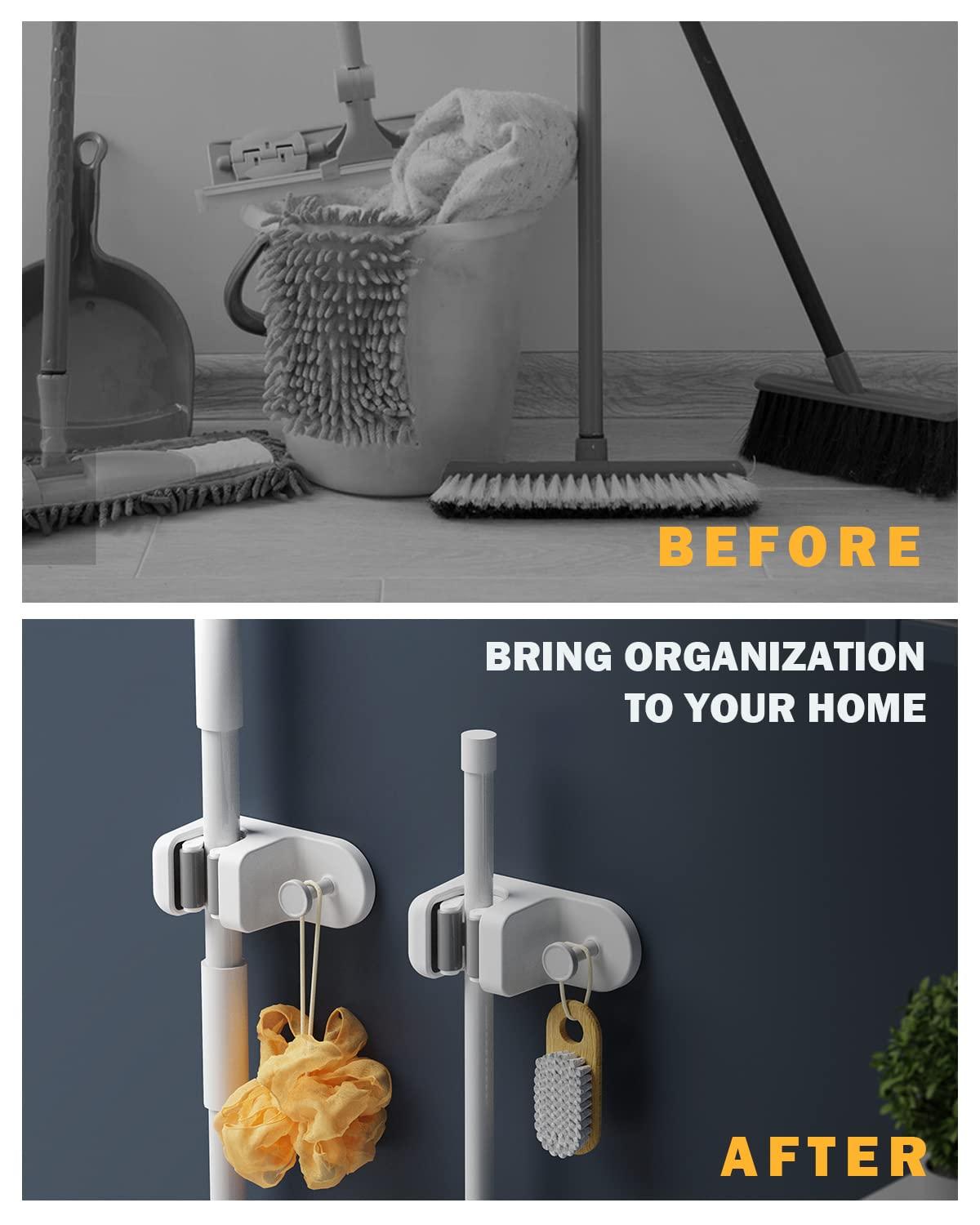 BEZOX BEZOX Mop Holder with Hook - Drill Free Wall Mount Broom Gripper, Cleaning Supplies Organizer Utility Holder - 1PCS