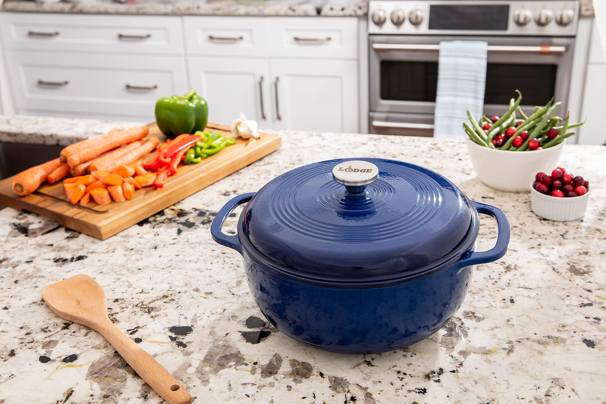 Lodge Lodge 6 Quart Enameled Cast Iron Dutch Oven with Lid Dual Handles Oven Safe up to 500 F or on Stovetop - Use to Marinate, Cook, Bake, Refrigerate and Serve Indigo