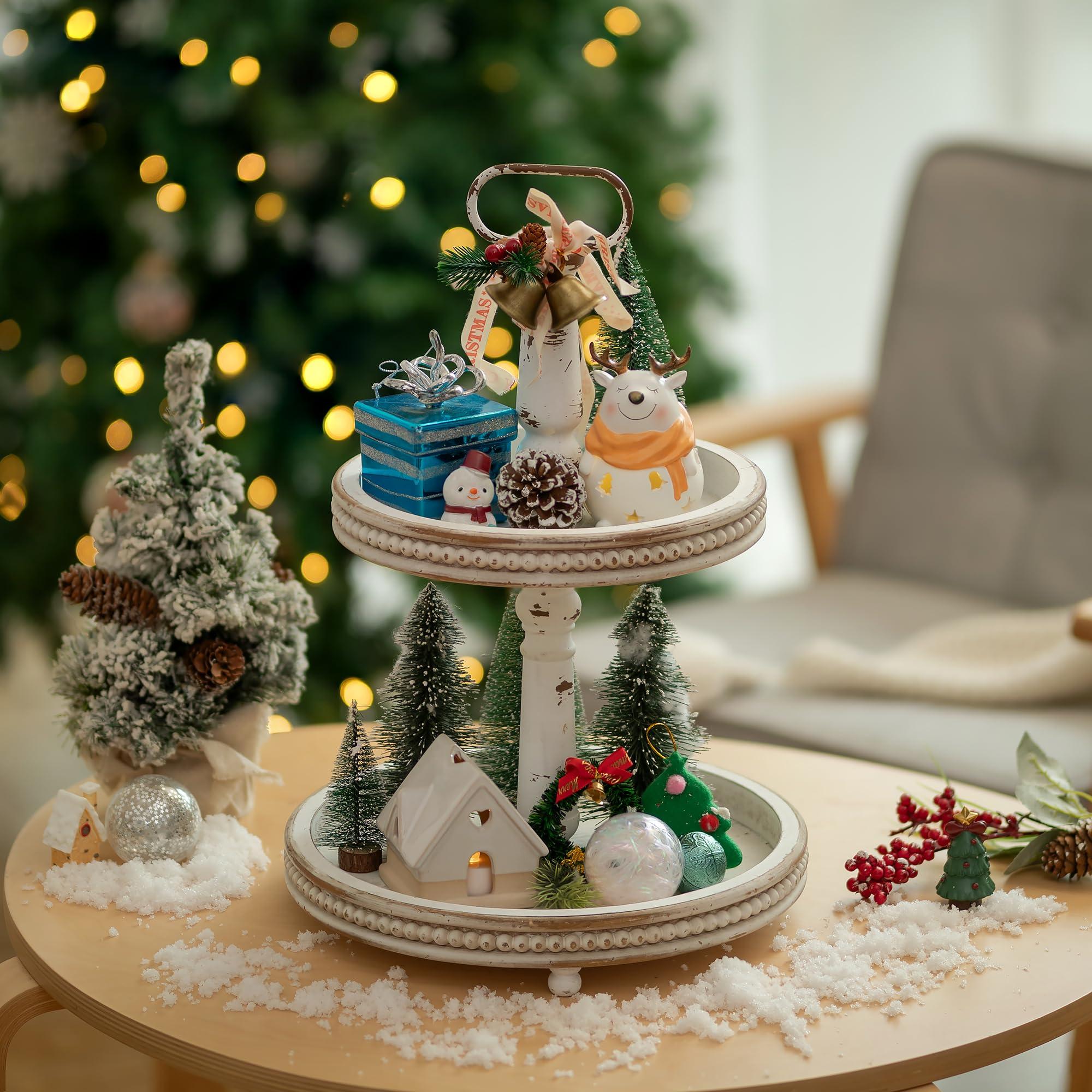 Hanobe Hanobe Two Tiered Tray Stand: Farmhouse 2 Tier Decorative Tray White Round Wooden Serving Tray Rustic Coffee Table Centerpieces Living Room Kitchen Home Decor Fall Halloween for Mom.